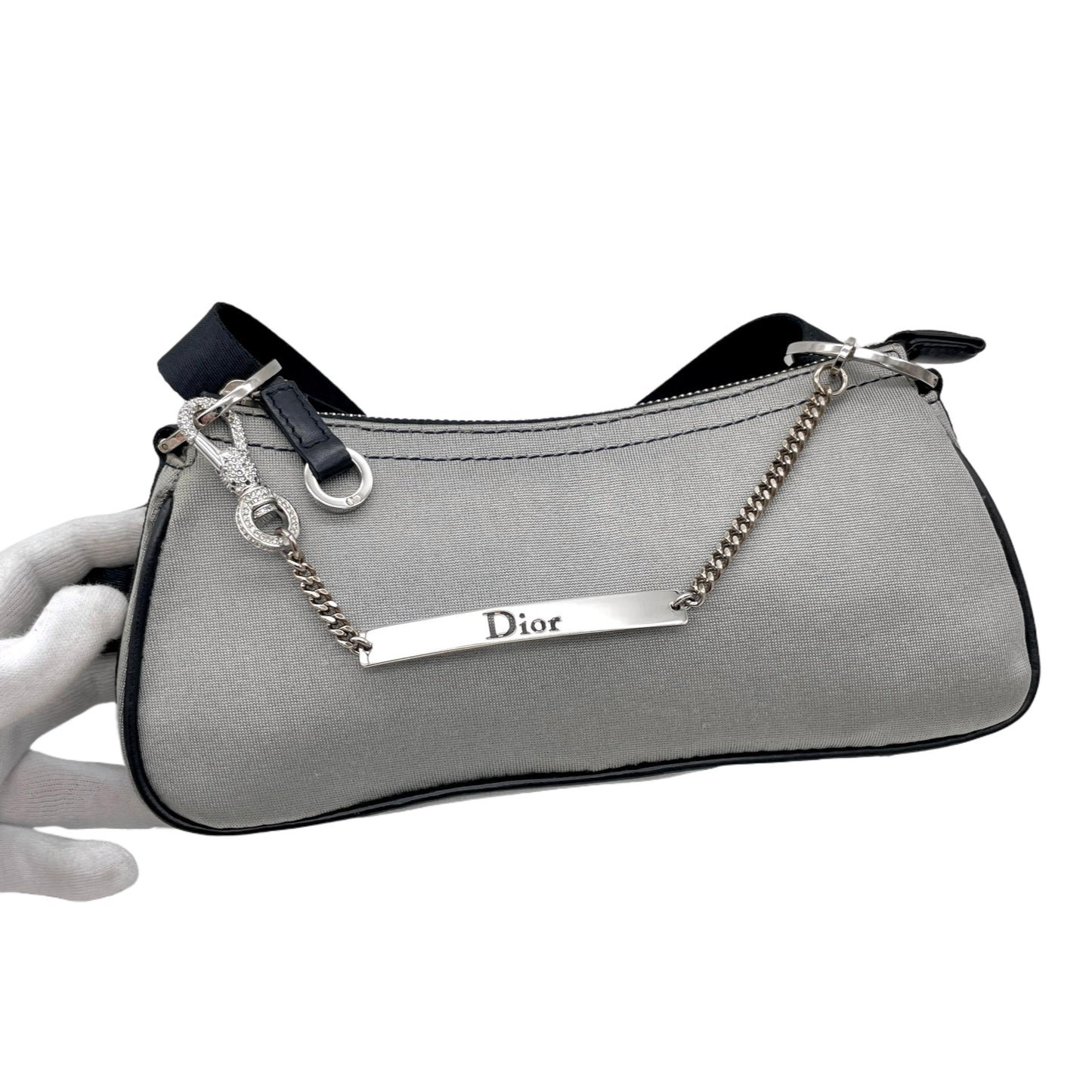 RARE☆☆☆☆CHRISTIAN DIOR Hardcore Line Rhinestone Chain Handle 2-Way Shoulder Bag PM Gray &amp; Black SHW