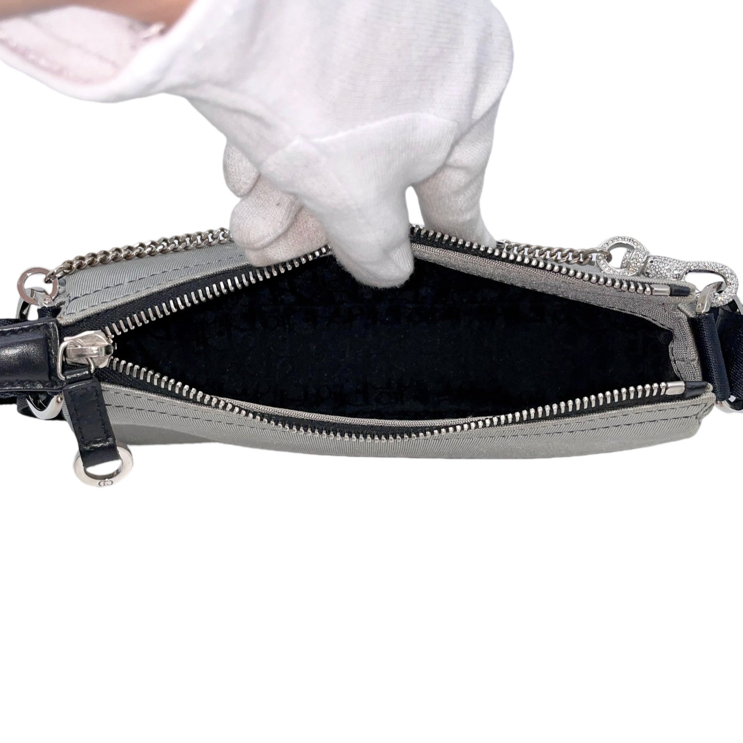 RARE☆☆☆☆CHRISTIAN DIOR Hardcore Line Rhinestone Chain Handle 2-Way Shoulder Bag PM Gray &amp; Black SHW