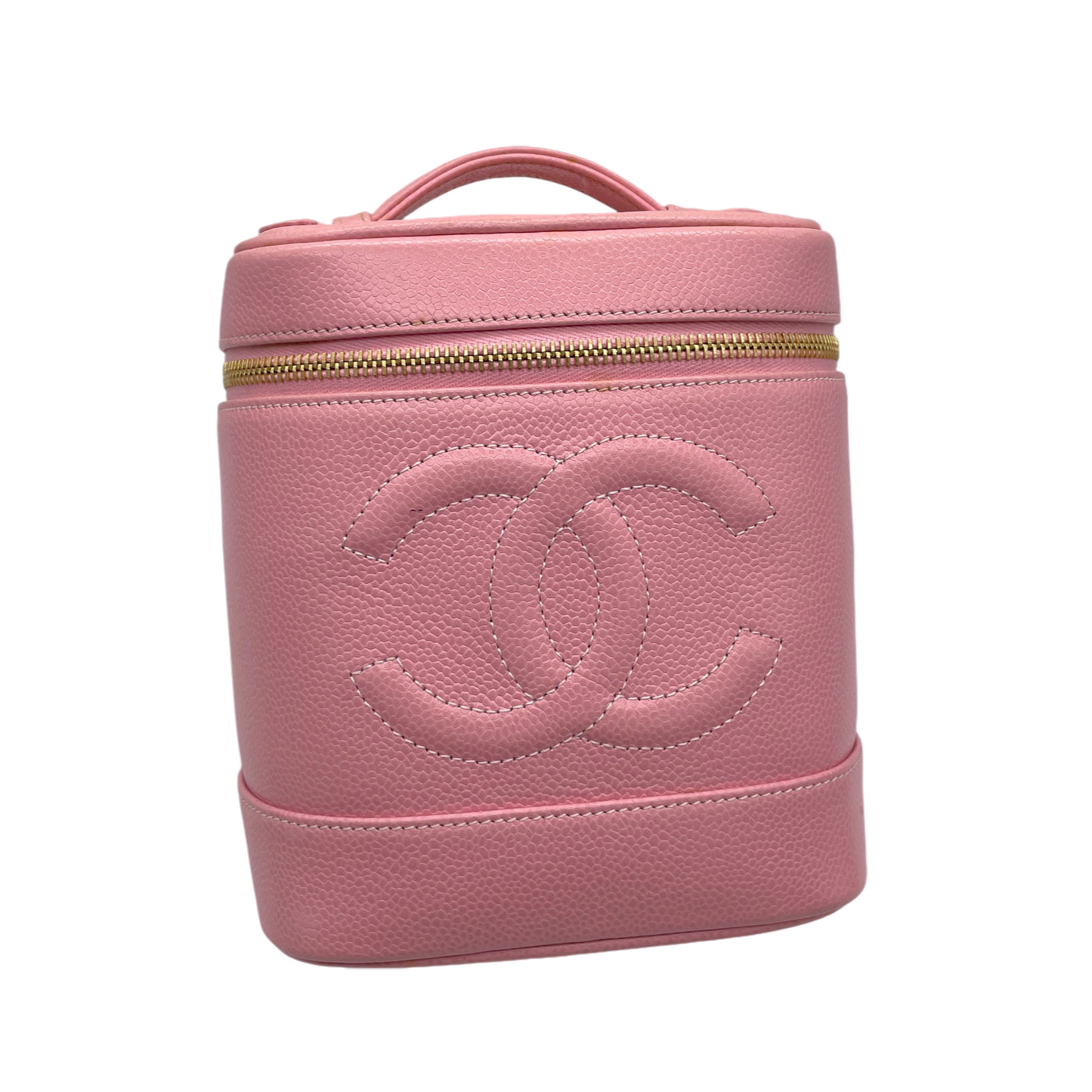 RARE☆☆☆☆Auth CHANEL 2004 Caviar Skin Leather CC LOGO Vanity Bag Pink & Gold