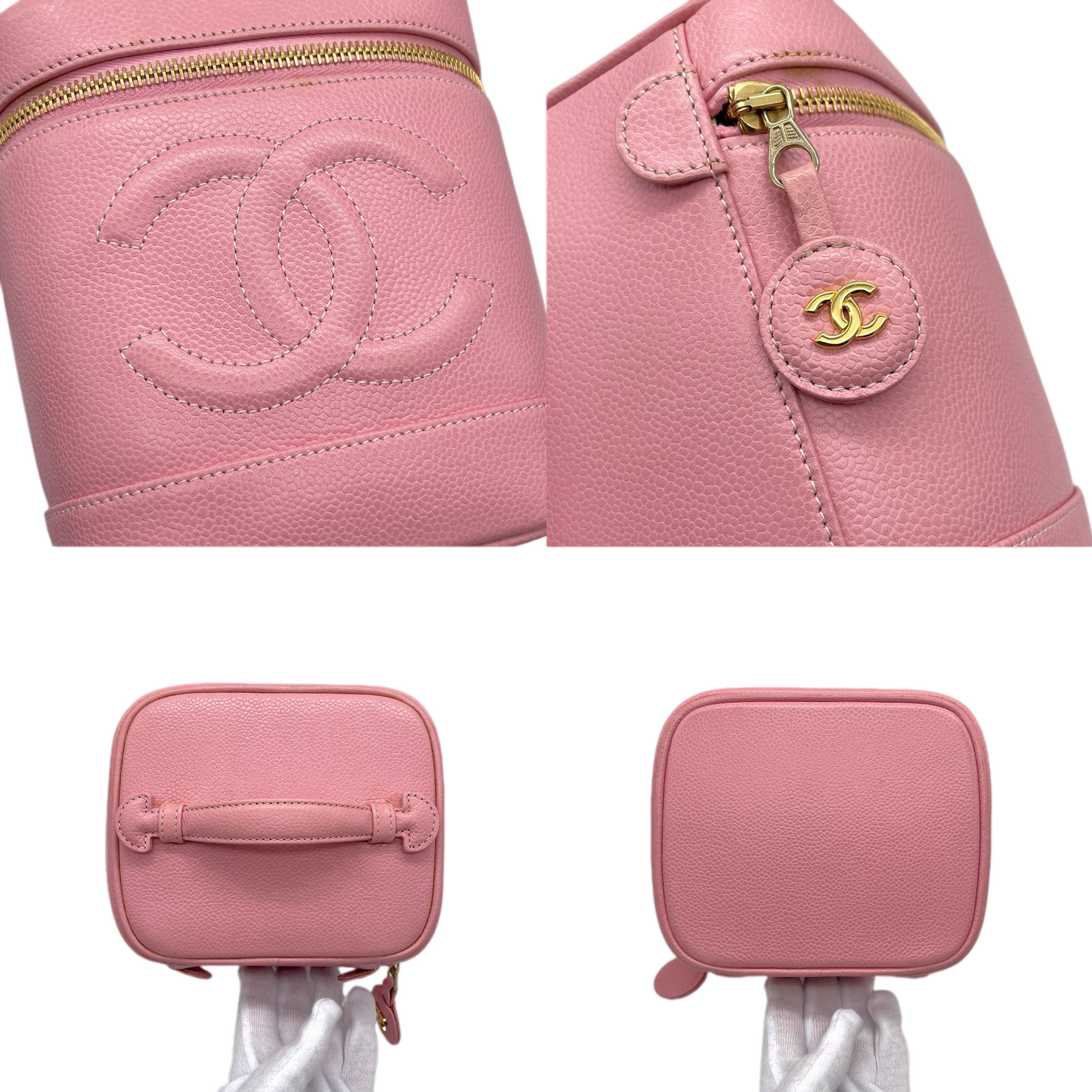 RARE☆☆☆☆Auth CHANEL 2004 Caviar Skin Leather CC LOGO Vanity Bag Pink & Gold