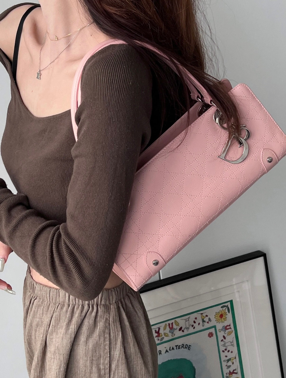 RARE☆☆☆☆CHRISTIAN DIOR Lady-Dior Cannage Leather LOGOS Charm Handbag Pink SHW