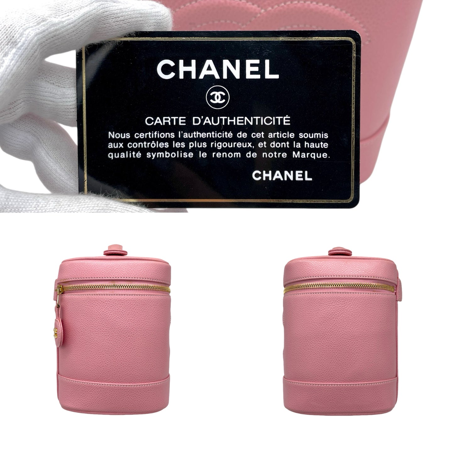 RARE☆☆☆☆Auth CHANEL 2004 Caviar Skin Leather CC LOGO Vanity Bag Pink & Gold