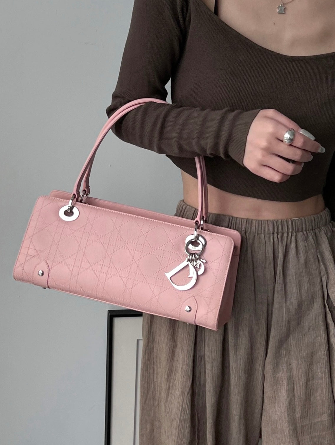 RARE☆☆☆☆CHRISTIAN DIOR Lady-Dior Cannage Leather LOGOS Charm Handbag Pink SHW