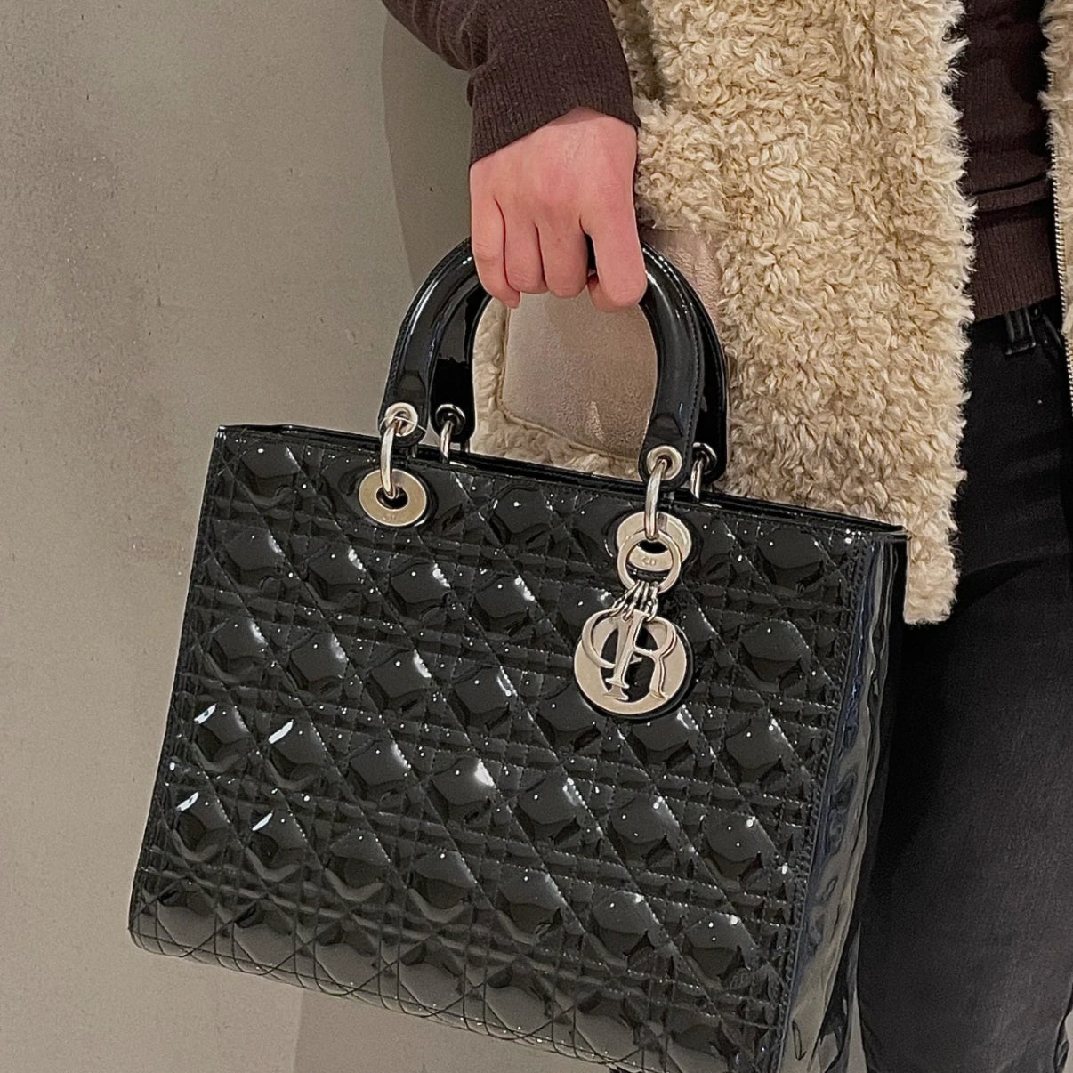 CHRISTIAN DIOR Lady-Dior Cannage 2-Way Tote Hand Bag GM Black &amp; Silver