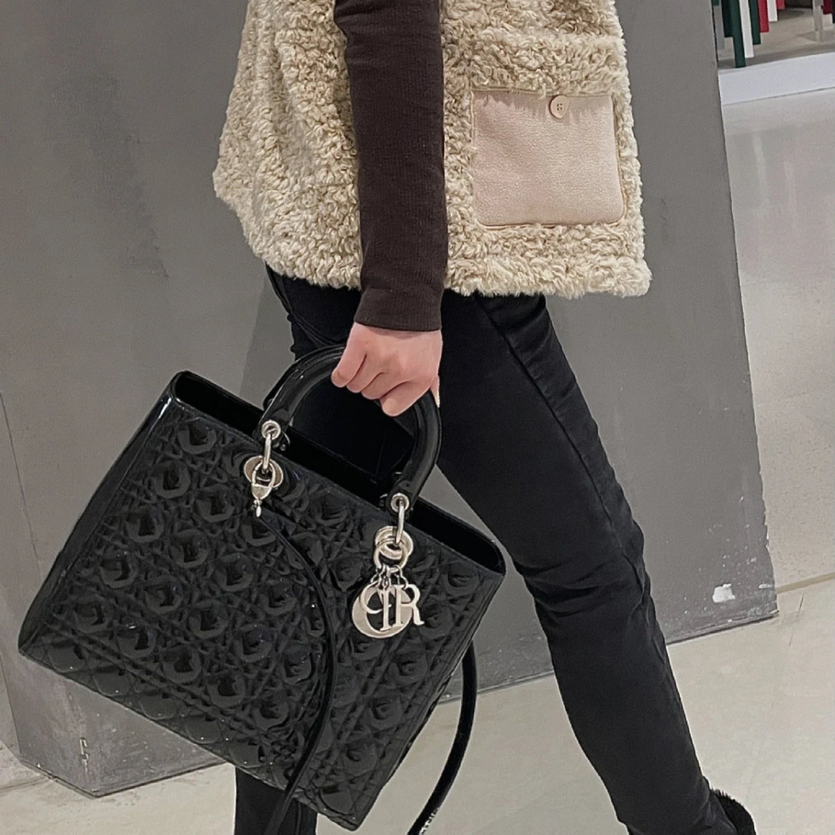 CHRISTIAN DIOR Lady-Dior Cannage 2-Way Tote Hand Bag GM Black &amp; Silver