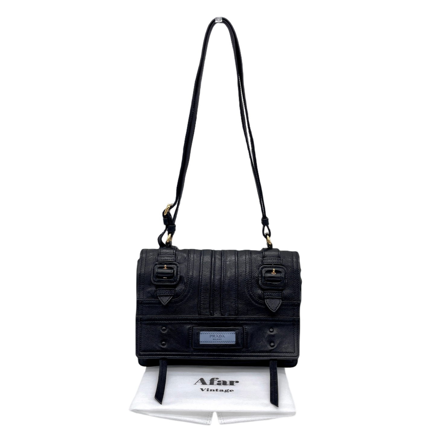 RARE☆☆☆PRADA Etiquette Leather Messager Shoulder Flap Bag Black