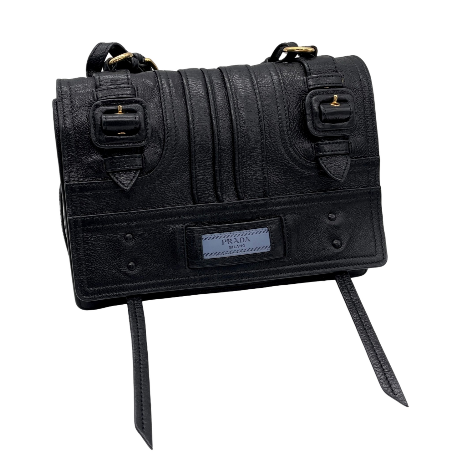 RARE☆☆☆PRADA Etiquette Leather Messager Shoulder Flap Bag Black