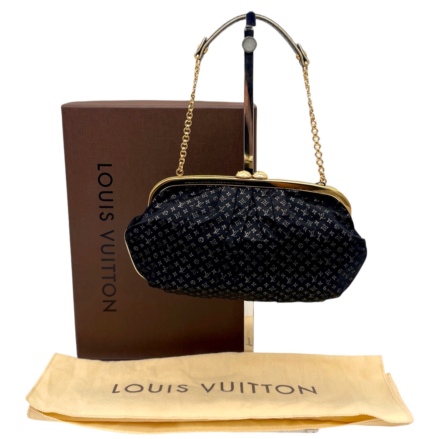 RARE☆☆☆☆☆LOUIS VUITTON Monogram Mini Lin Silk Chain Shoulder Kiss-Lock Frame Bag Black &amp; Gold