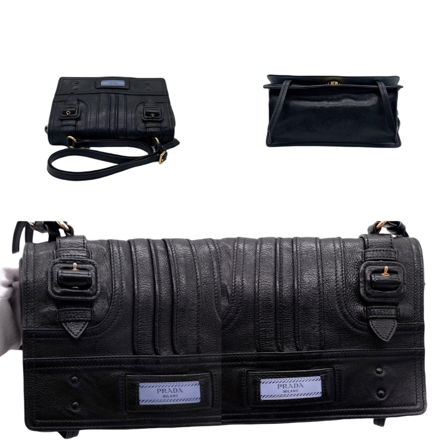 RARE☆☆☆PRADA Etiquette Leather Messager Shoulder Flap Bag Black