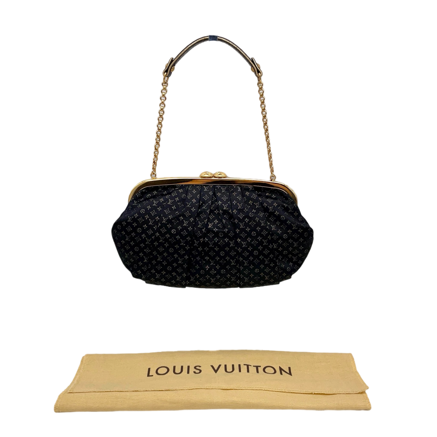 RARE☆☆☆☆☆LOUIS VUITTON Monogram Mini Lin Silk Chain Shoulder Kiss-Lock Frame Bag Black &amp; Gold