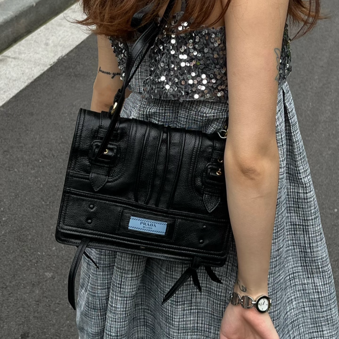 RARE☆☆☆PRADA Etiquette Leather Messager Shoulder Flap Bag Black