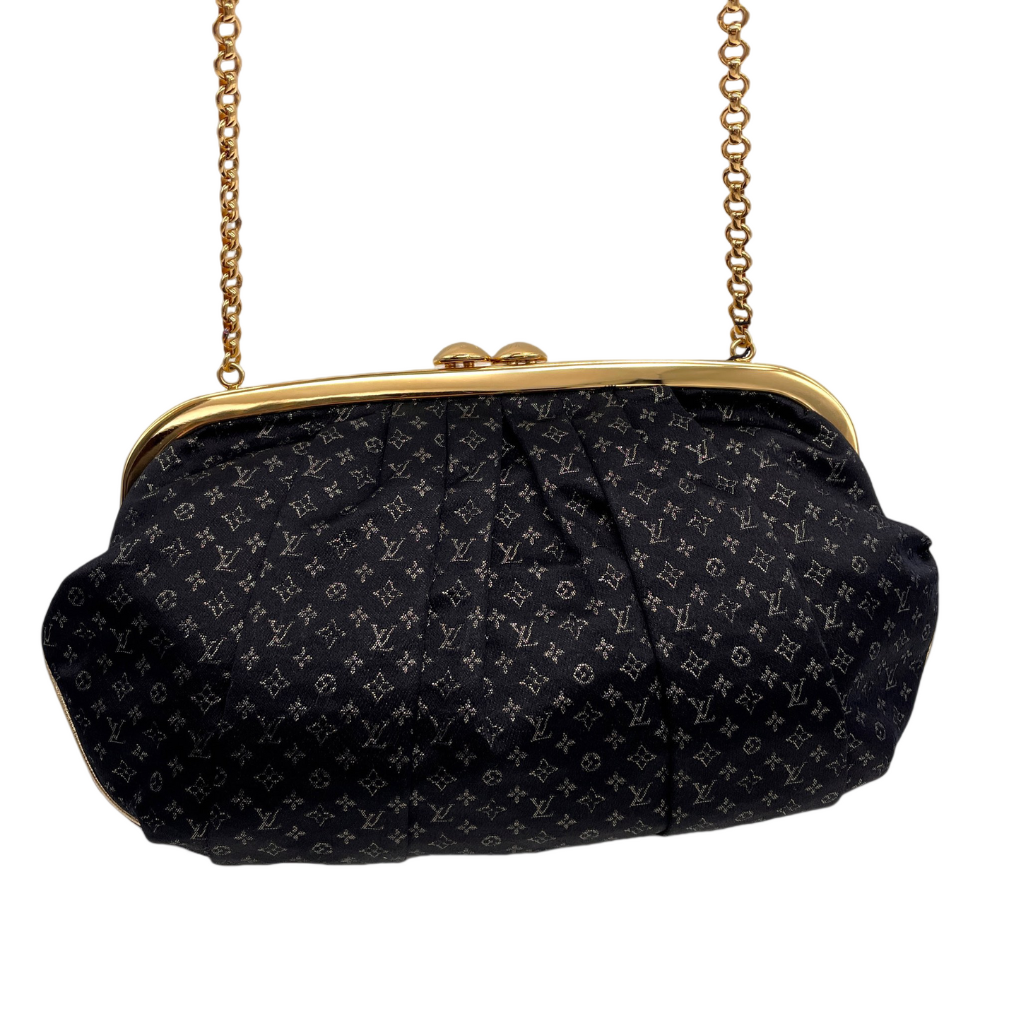 RARE☆☆☆☆☆LOUIS VUITTON Monogram Mini Lin Silk Chain Shoulder Kiss-Lock Frame Bag Black &amp; Gold