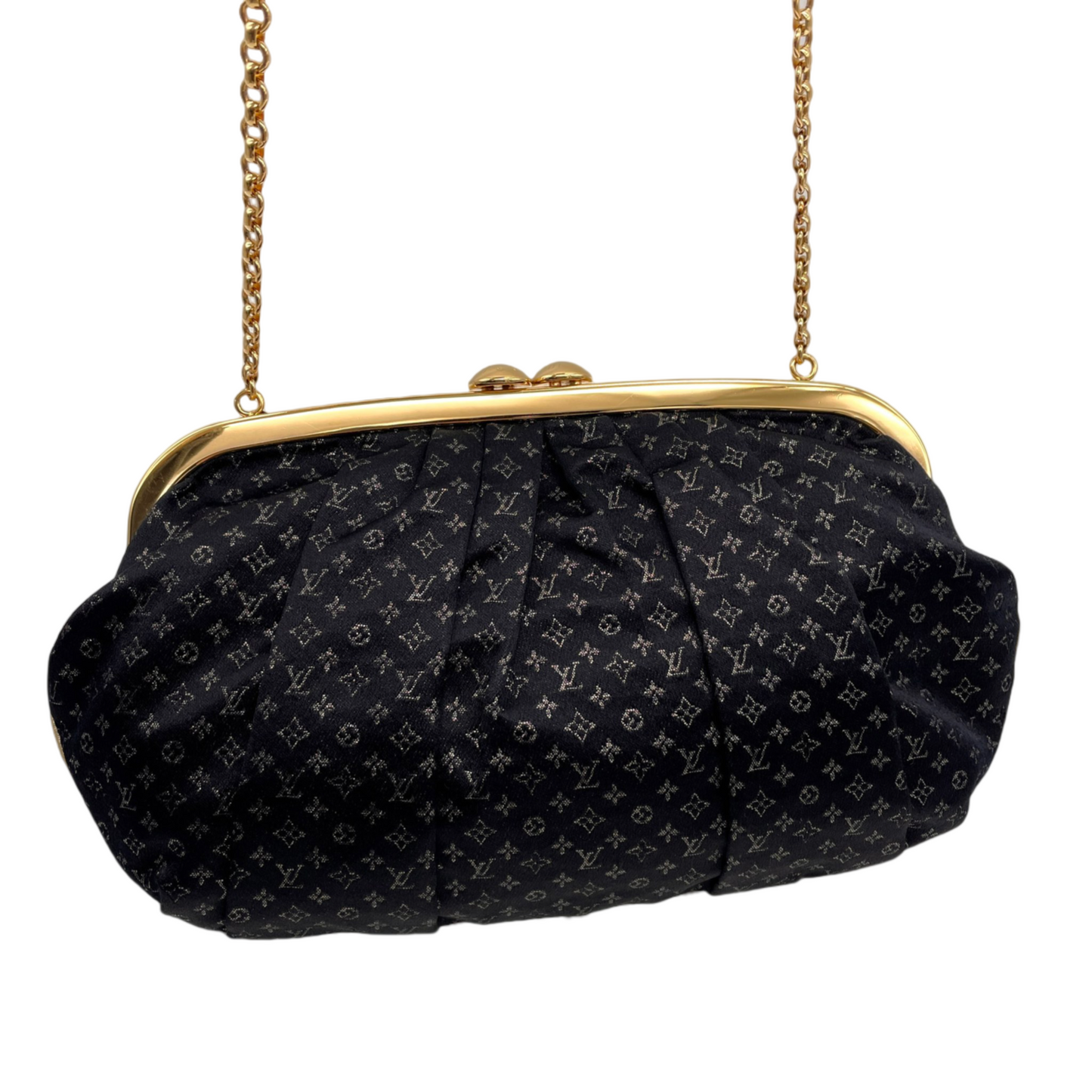 RARE☆☆☆☆☆LOUIS VUITTON Monogram Mini Lin Silk Chain Shoulder Kiss-Lock Frame Bag Black &amp; Gold