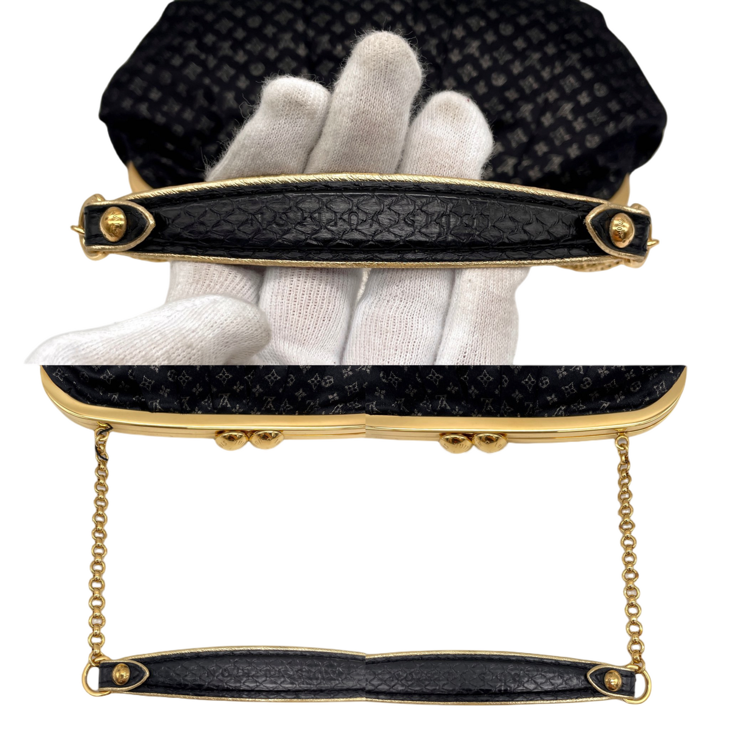 RARE☆☆☆☆☆LOUIS VUITTON Monogram Mini Lin Silk Chain Shoulder Kiss-Lock Frame Bag Black &amp; Gold