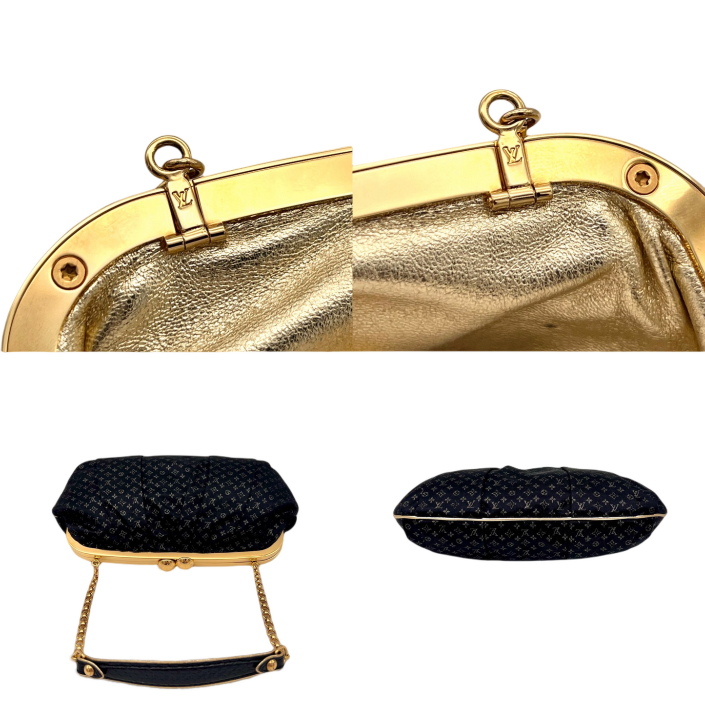 RARE☆☆☆☆☆LOUIS VUITTON Monogram Mini Lin Silk Chain Shoulder Kiss-Lock Frame Bag Black &amp; Gold
