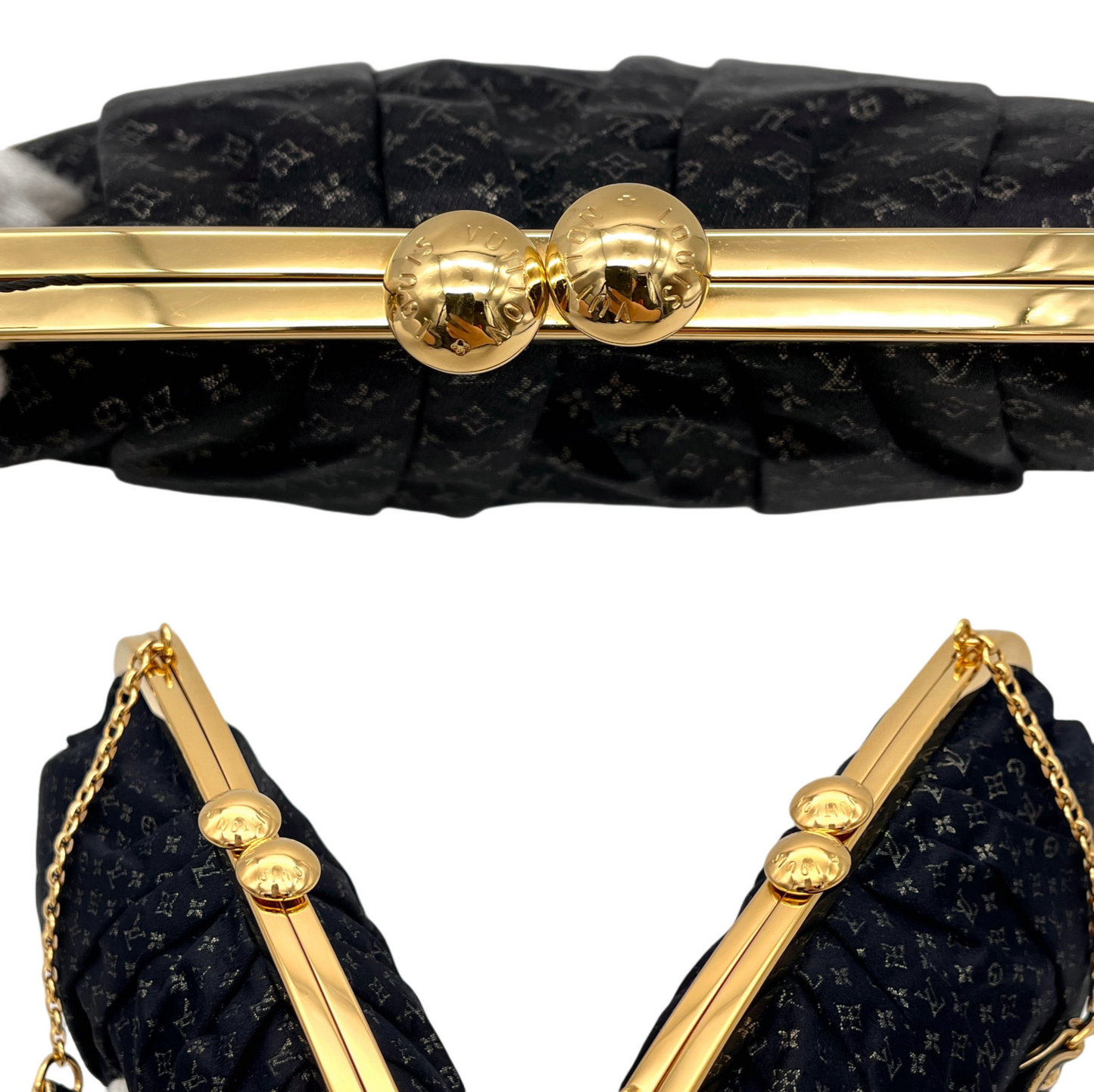 RARE☆☆☆☆☆LOUIS VUITTON Monogram Mini Lin Silk Chain Shoulder Kiss-Lock Frame Bag Black &amp; Gold