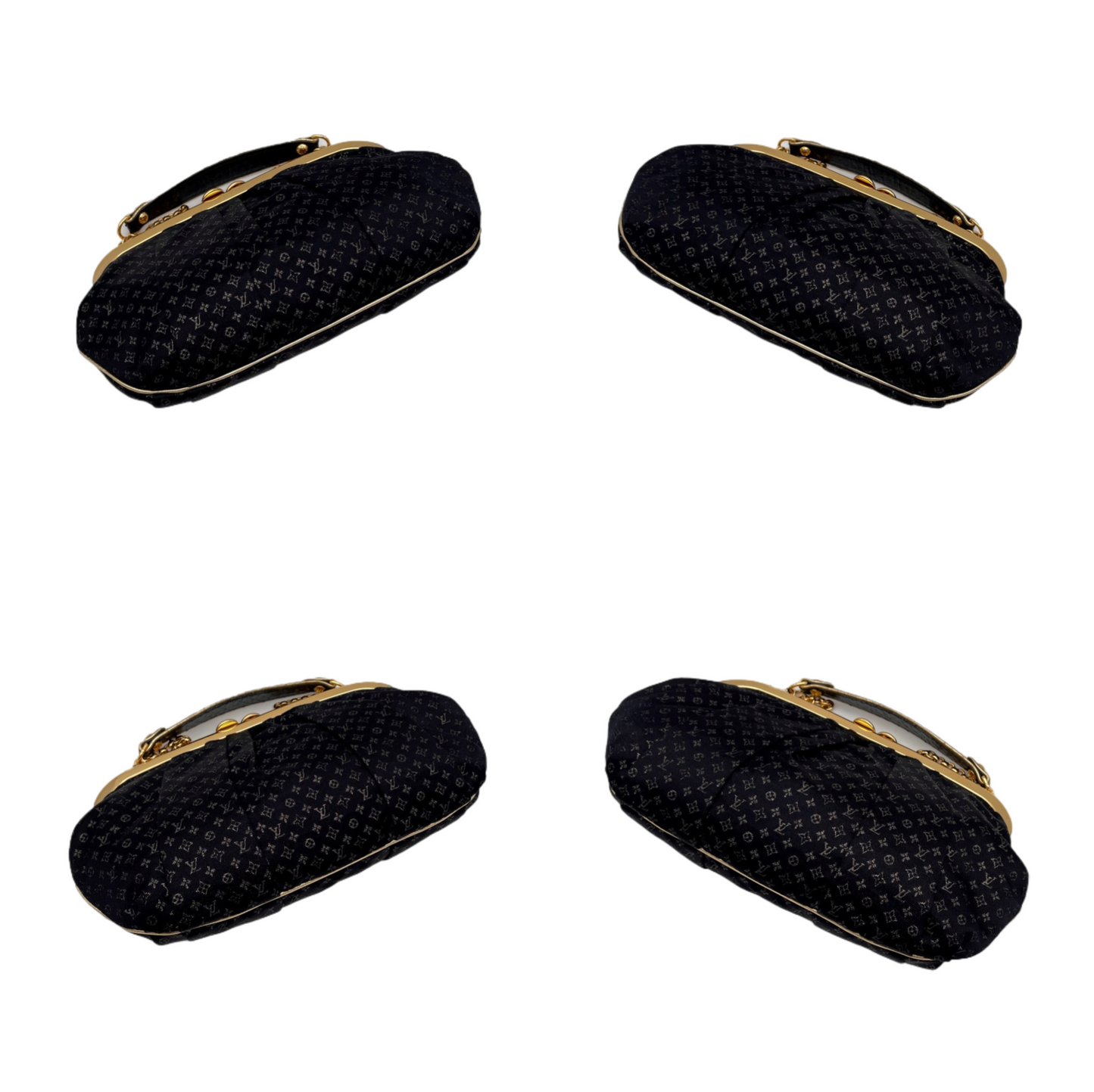 RARE☆☆☆☆☆LOUIS VUITTON Monogram Mini Lin Silk Chain Shoulder Kiss-Lock Frame Bag Black &amp; Gold