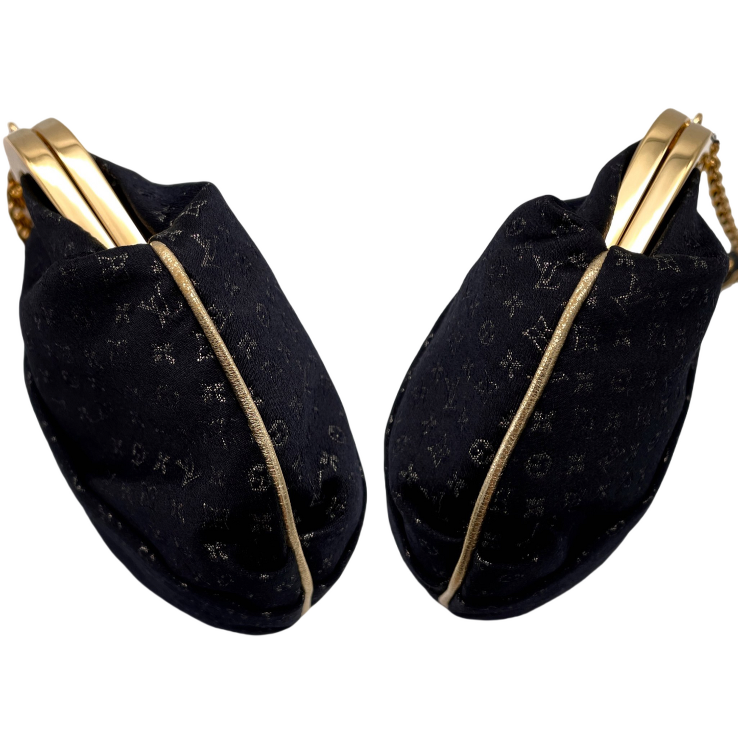 RARE☆☆☆☆☆LOUIS VUITTON Monogram Mini Lin Silk Chain Shoulder Kiss-Lock Frame Bag Black &amp; Gold