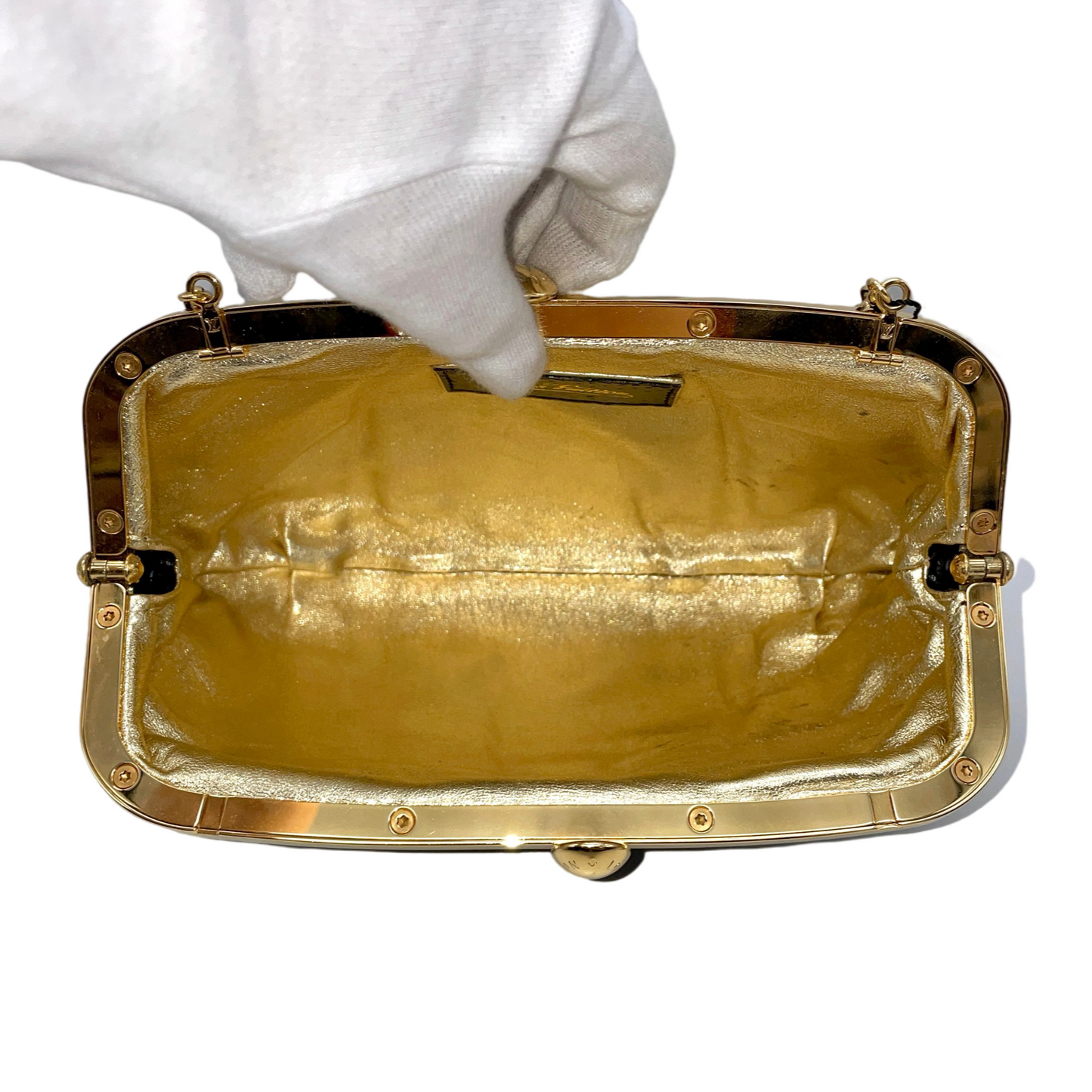 RARE☆☆☆☆☆LOUIS VUITTON Monogram Mini Lin Silk Chain Shoulder Kiss-Lock Frame Bag Black &amp; Gold