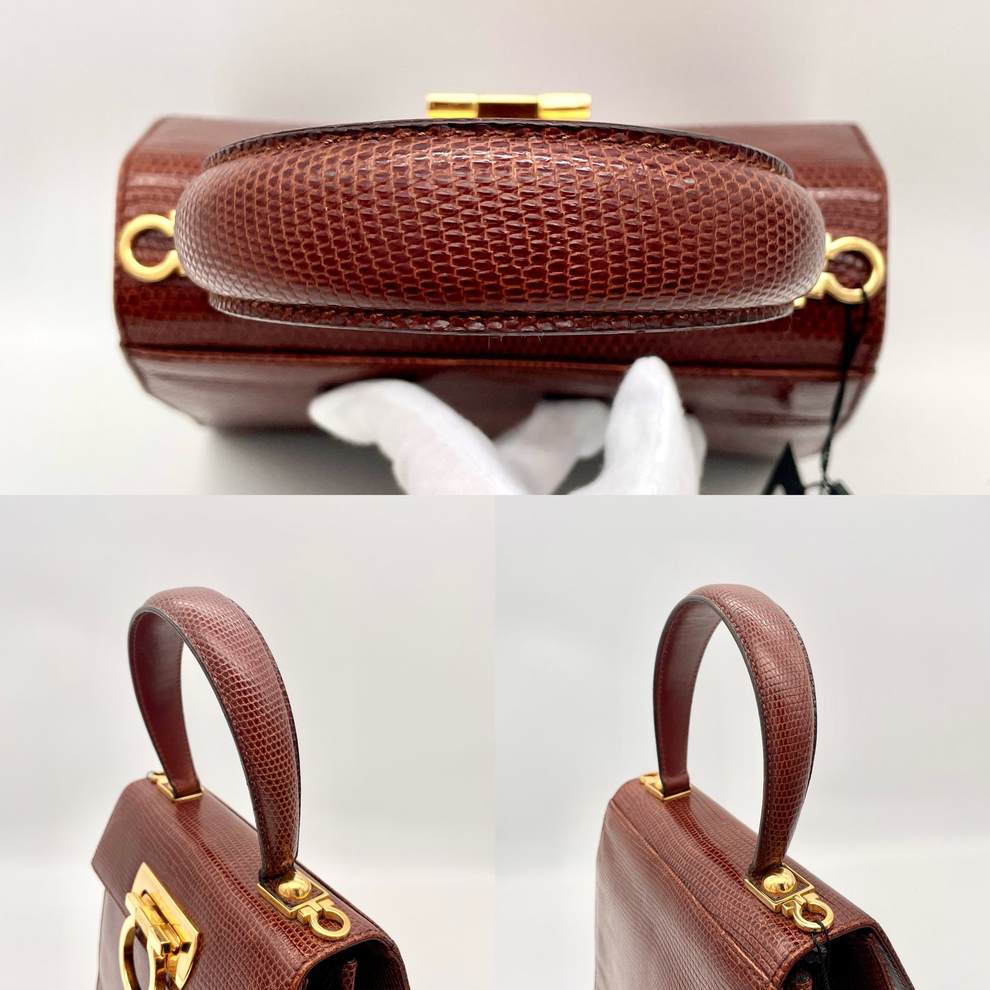 RARE☆☆☆Salvatore Ferragamo Gancini Lizard Skin Leather Kelly Style 2 Way Handbag Brown GHW