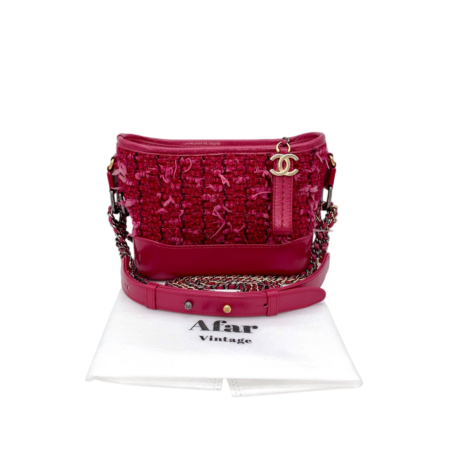 RARE☆☆☆CHANEL 2016 Gabrielle de Chanel Paris Cosmopolite 2016/17 Métiers d’art Show Tweed Mini Double Chain Shoulder Bag Red & Gold