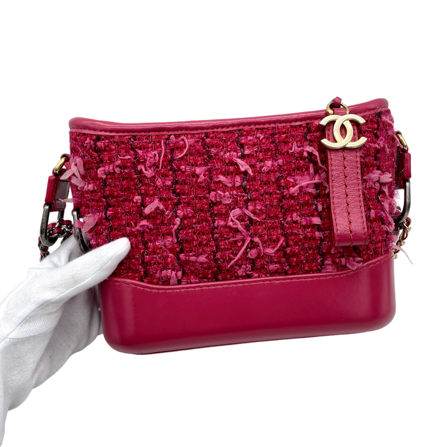 RARE☆☆☆CHANEL 2016 Gabrielle de Chanel Paris Cosmopolite 2016/17 Métiers d’art Show Tweed Mini Double Chain Shoulder Bag Red & Gold