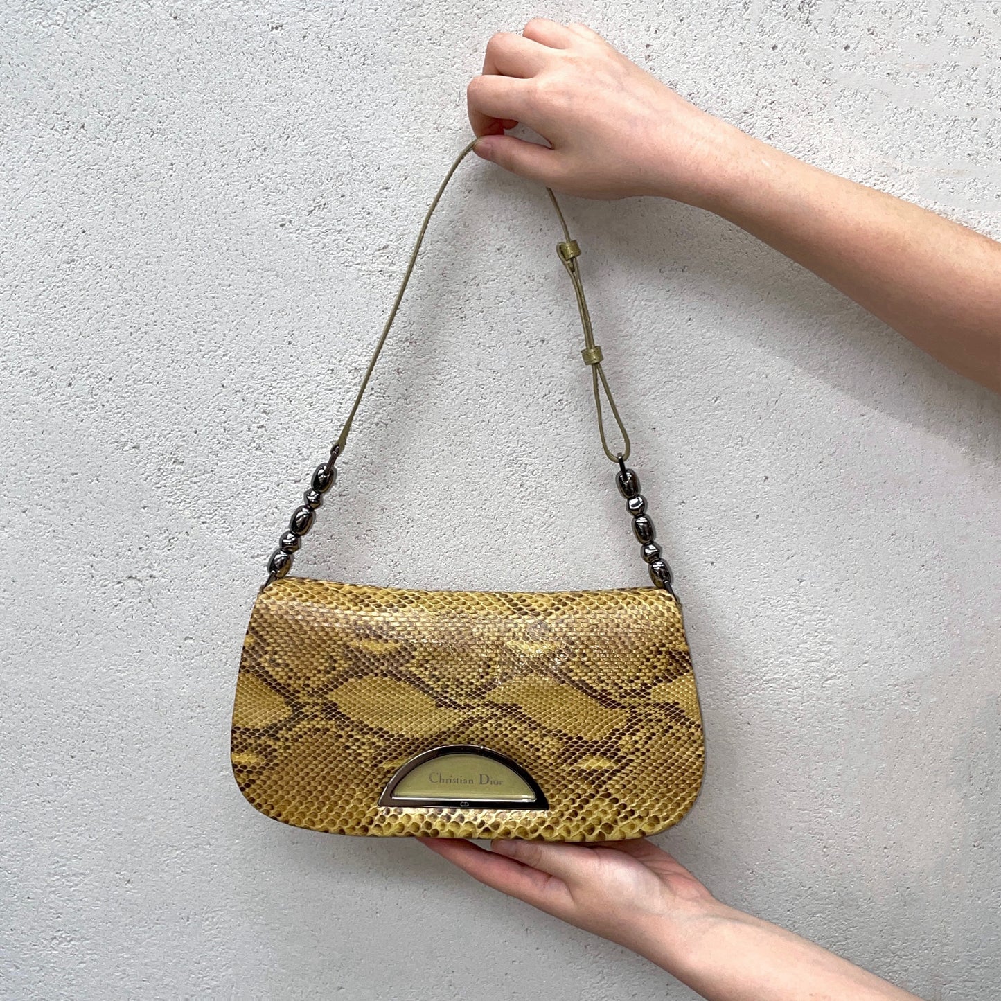RARE★★★★CHRISTIAN DIOR Malice Pearl Python Skin Shoulder Bag Medium Brown Gold