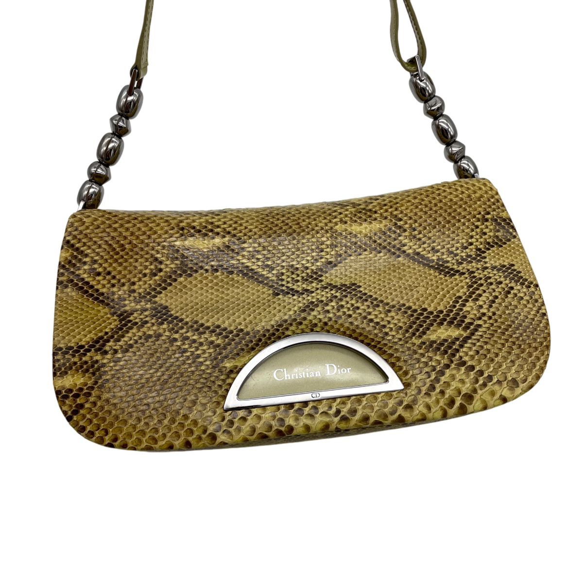 RARE★★★★CHRISTIAN DIOR Malice Pearl Python Skin Shoulder Bag Medium Brown Gold
