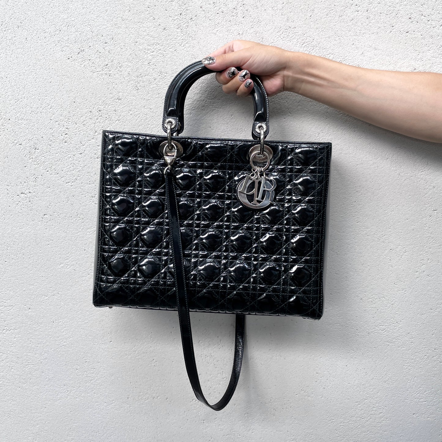 CHRISTIAN DIOR Lady-Dior Cannage 2-Way Tote Hand Bag GM Black &amp; Silver