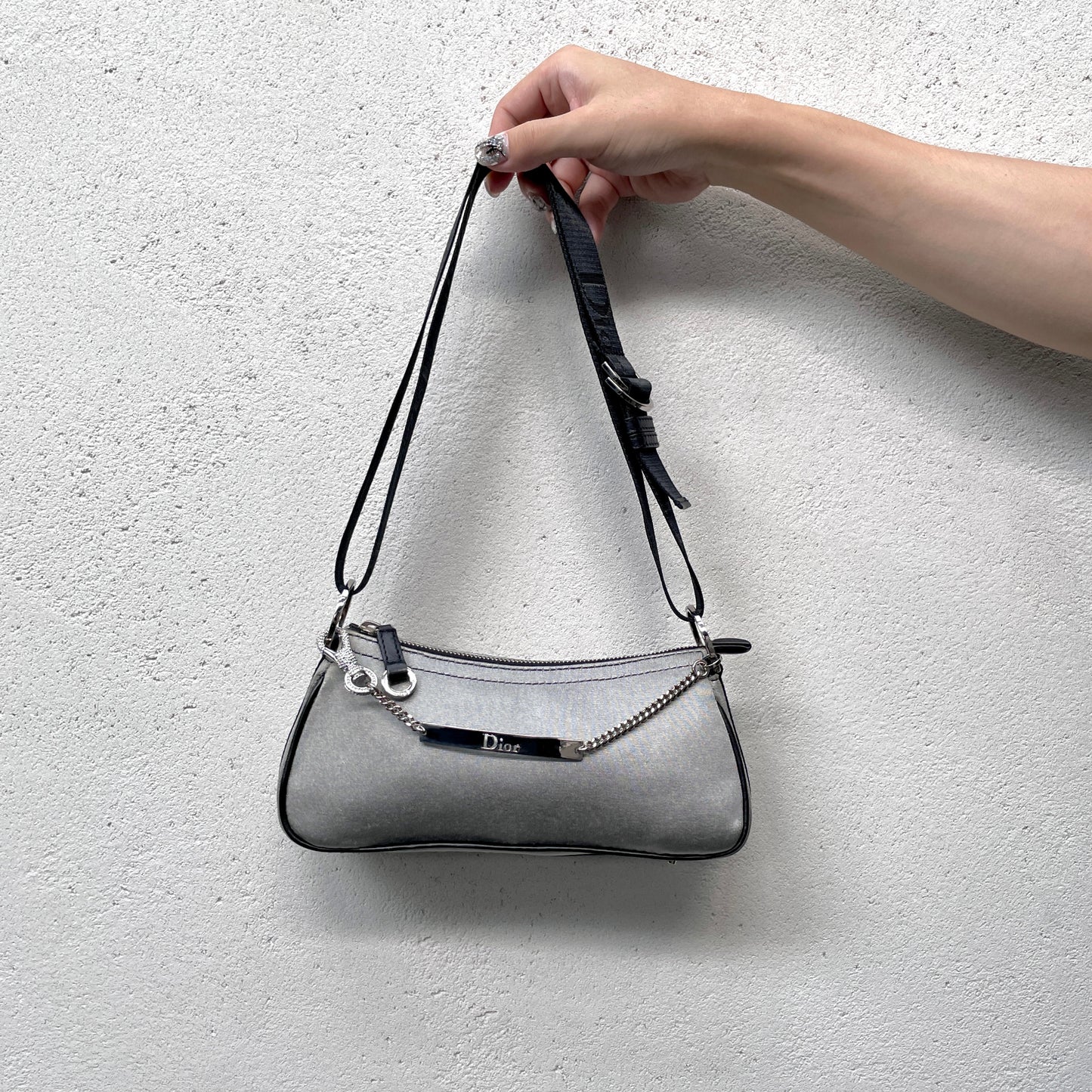 RARE☆☆☆☆CHRISTIAN DIOR Hardcore Line Rhinestone Chain Handle 2-Way Shoulder Bag PM Gray &amp; Black SHW