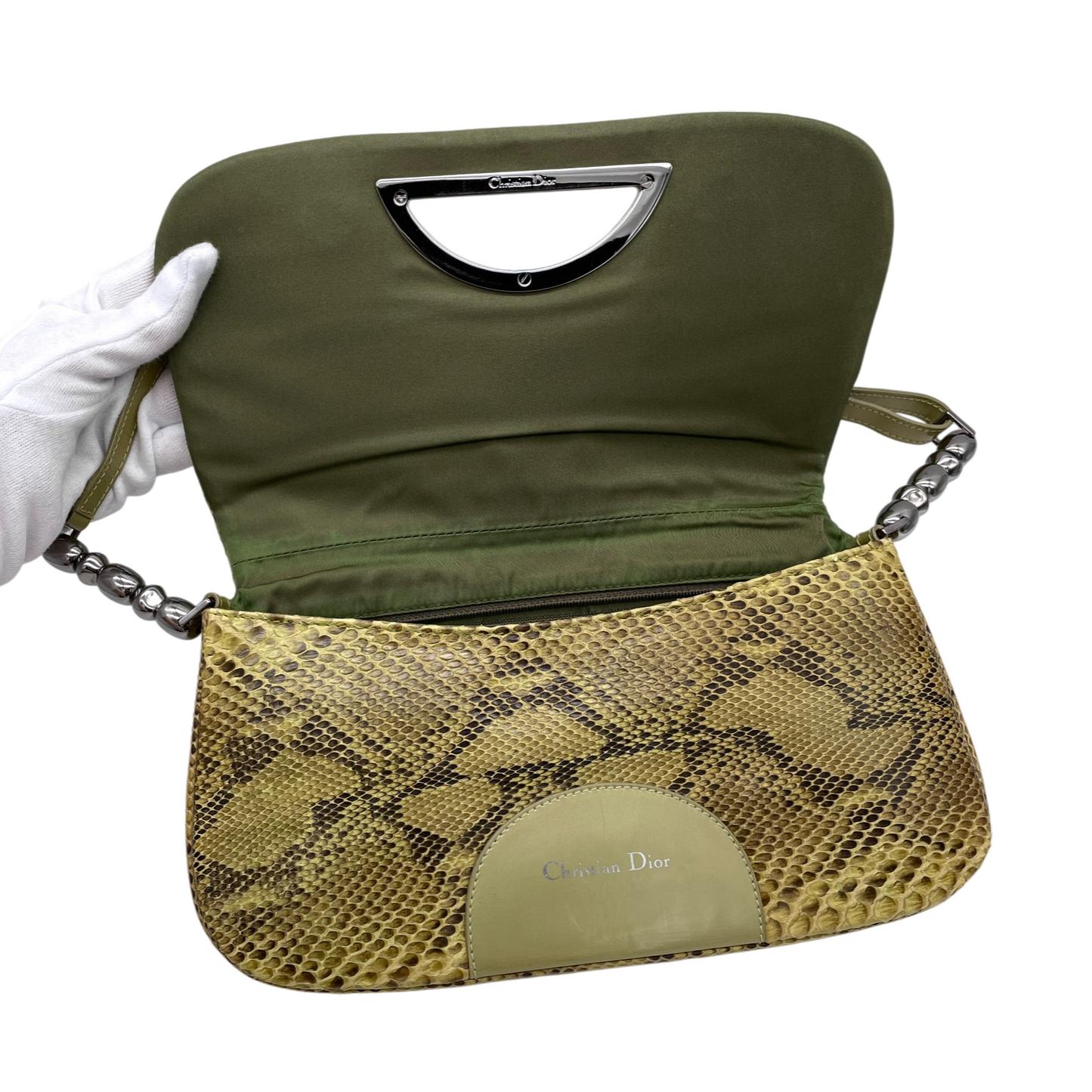 RARE★★★★CHRISTIAN DIOR Malice Pearl Python Skin Shoulder Bag Medium Brown Gold