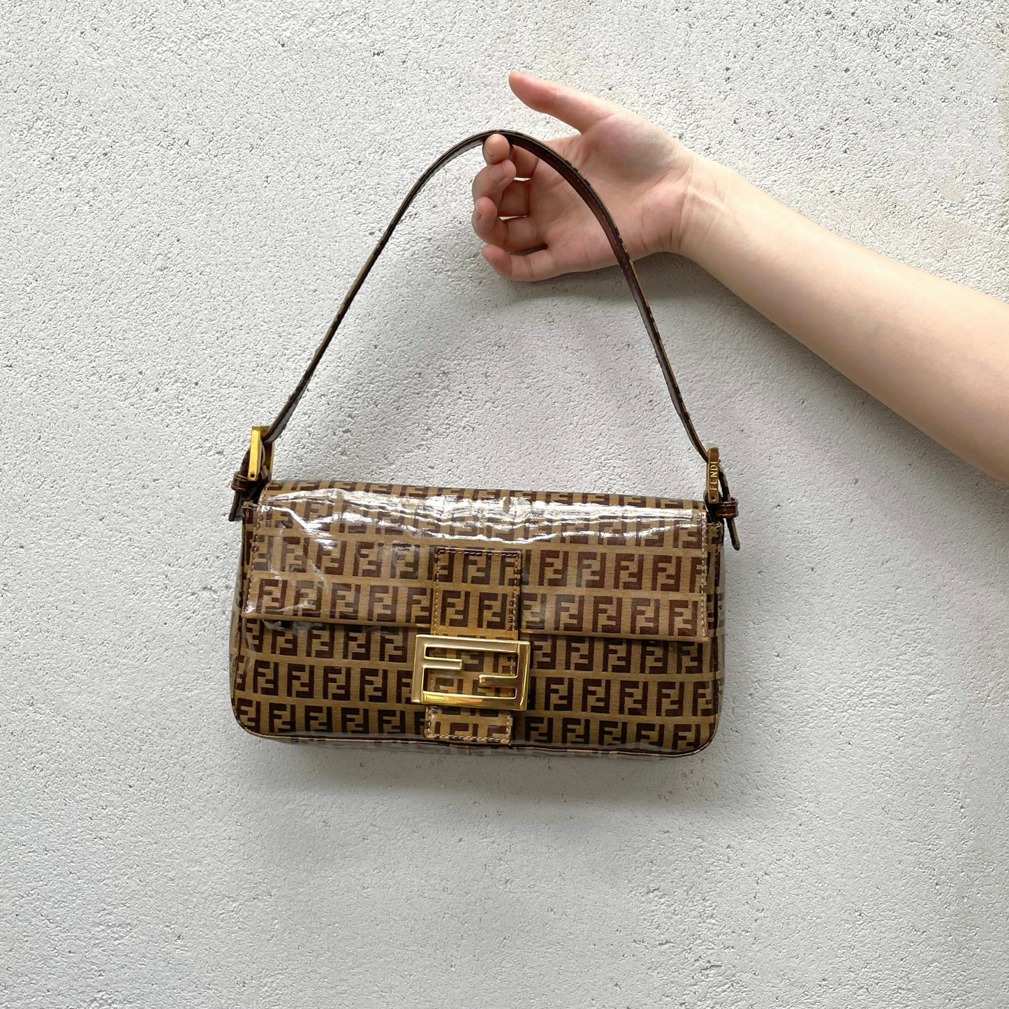 RARE★★★FENDI Zucchino PVC Baguette Shoulder Bag Small Brown Gold