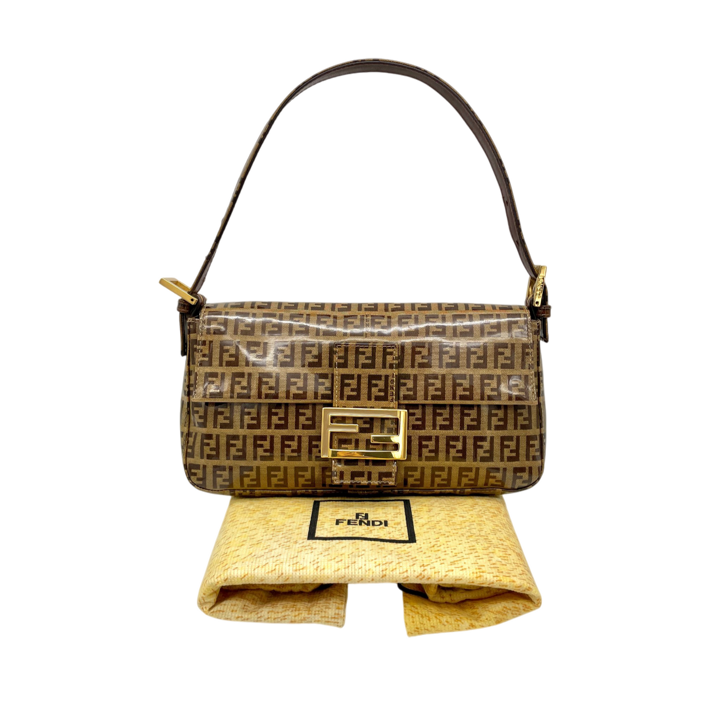 RARE★★★FENDI Zucchino PVC Baguette Shoulder Bag Small Brown Gold