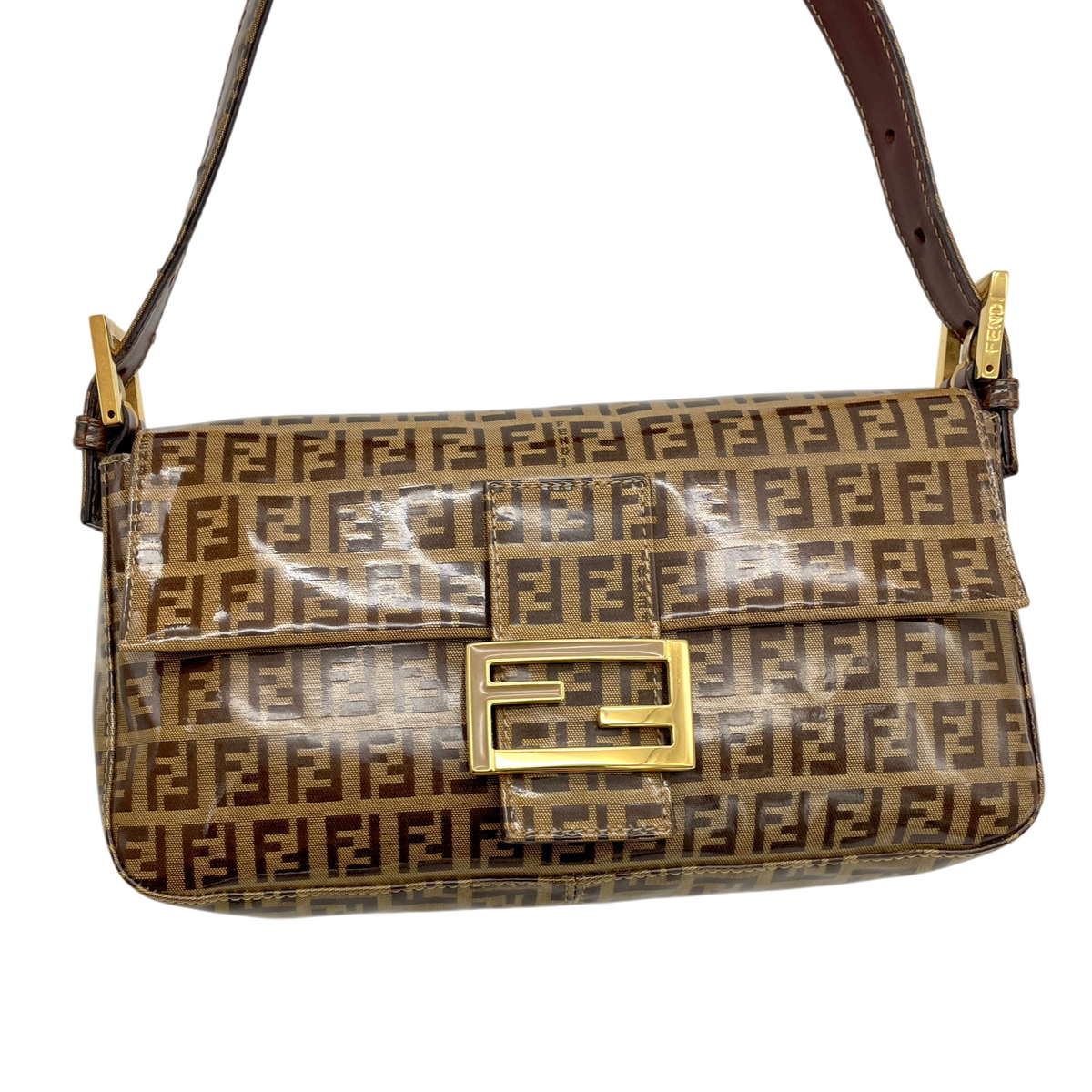 RARE★★★FENDI Zucchino PVC Baguette Shoulder Bag Small Brown Gold
