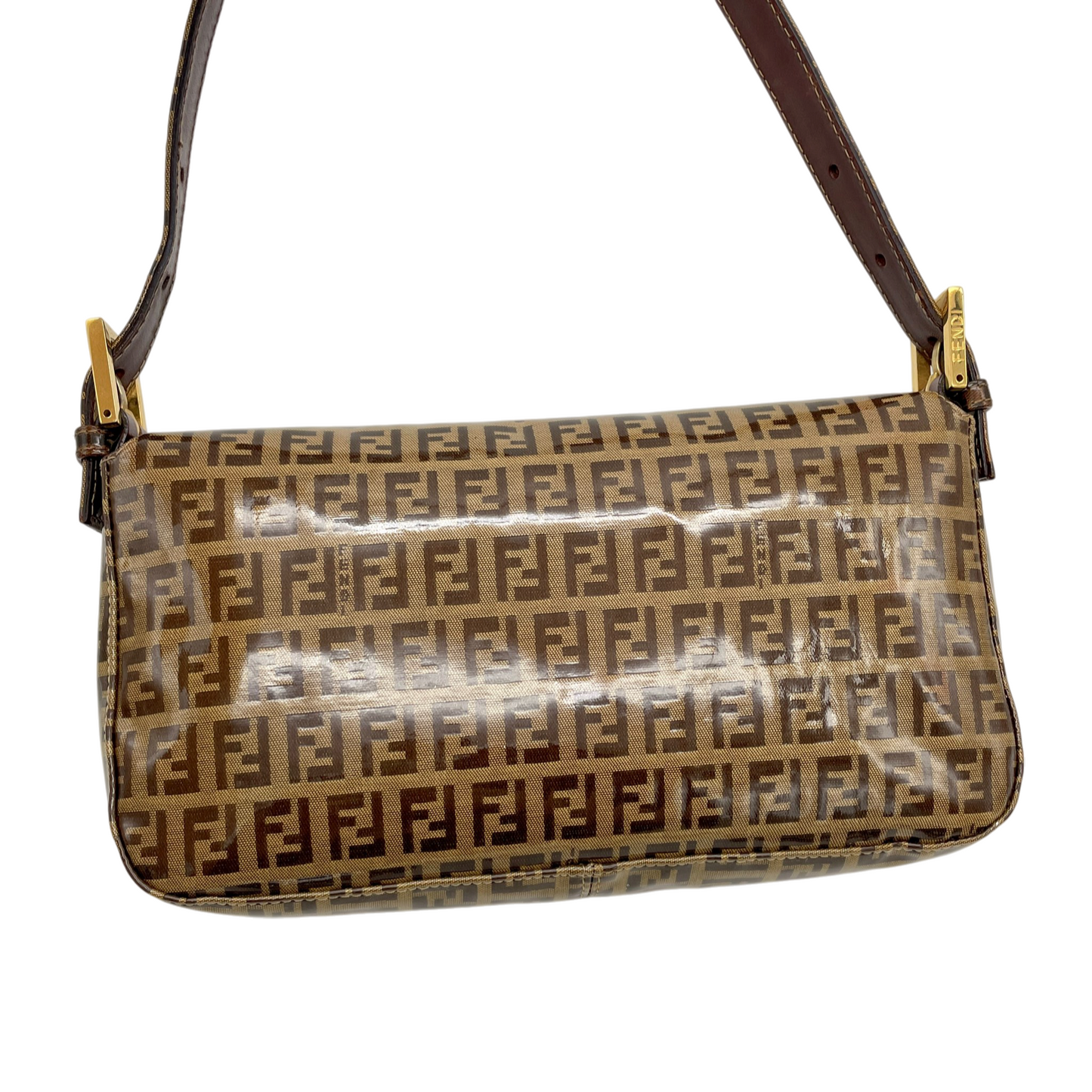 RARE★★★FENDI Zucchino PVC Baguette Shoulder Bag Small Brown Gold