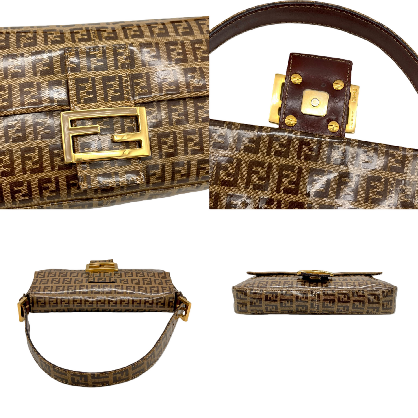 RARE★★★FENDI Zucchino PVC Baguette Shoulder Bag Small Brown Gold