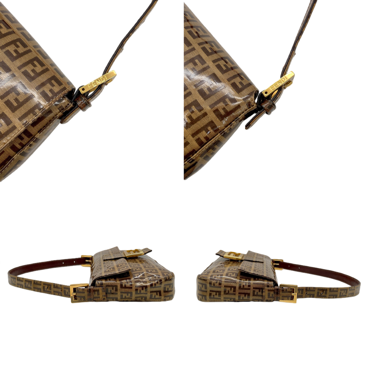 RARE★★★FENDI Zucchino PVC Baguette Shoulder Bag Small Brown Gold