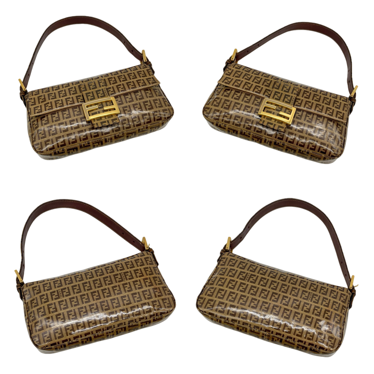 RARE★★★FENDI Zucchino PVC Baguette Shoulder Bag Small Brown Gold