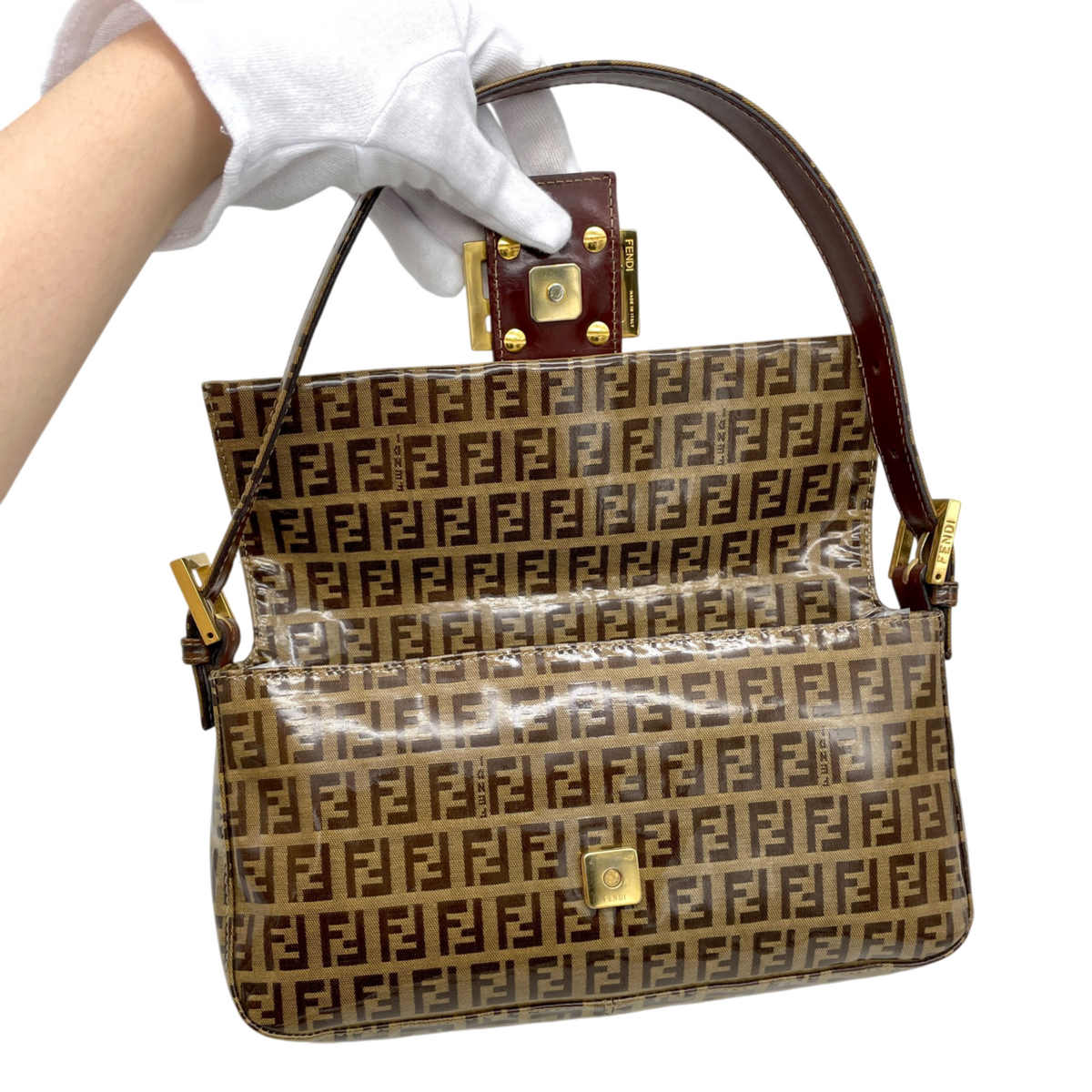 RARE★★★FENDI Zucchino PVC Baguette Shoulder Bag Small Brown Gold