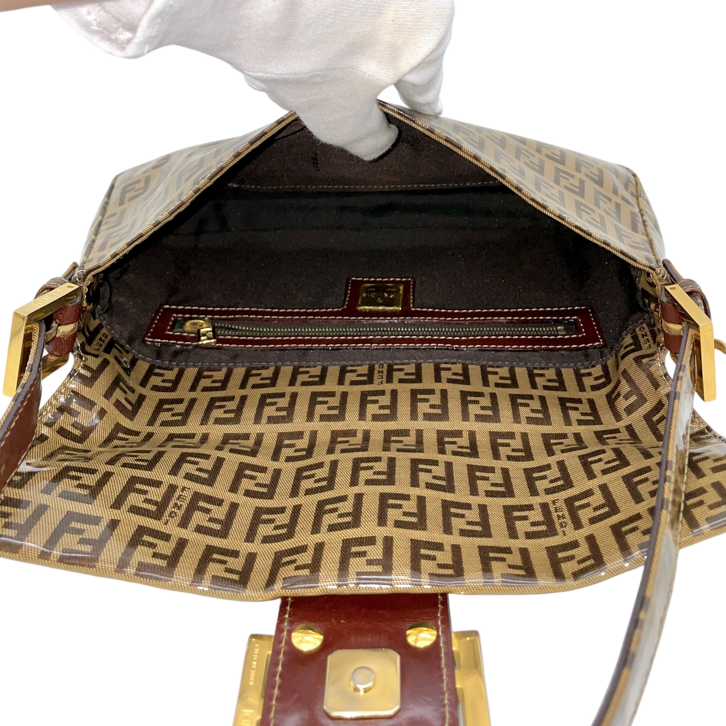 RARE★★★FENDI Zucchino PVC Baguette Shoulder Bag Small Brown Gold