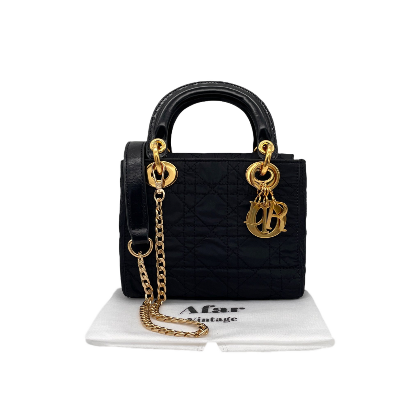 RARE☆☆☆☆CHRISTIAN DIOR Lady Dior Cannage Nylon Tote Hand Bag PM Black &amp; Gold