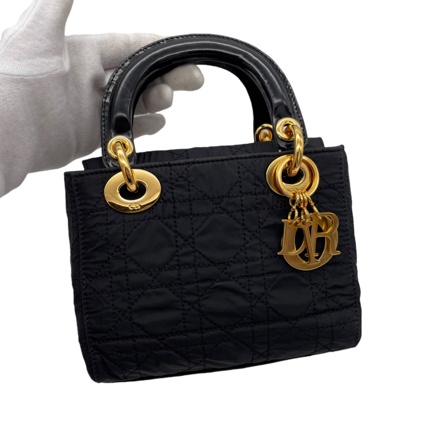 RARE☆☆☆☆CHRISTIAN DIOR Lady Dior Cannage Nylon Tote Hand Bag PM Black &amp; Gold