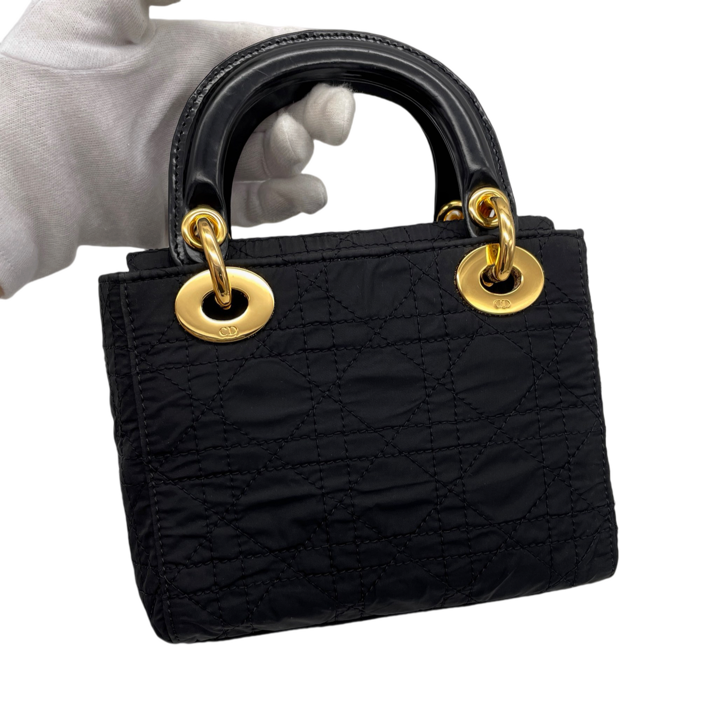 RARE☆☆☆☆CHRISTIAN DIOR Lady Dior Cannage Nylon Tote Hand Bag PM Black &amp; Gold