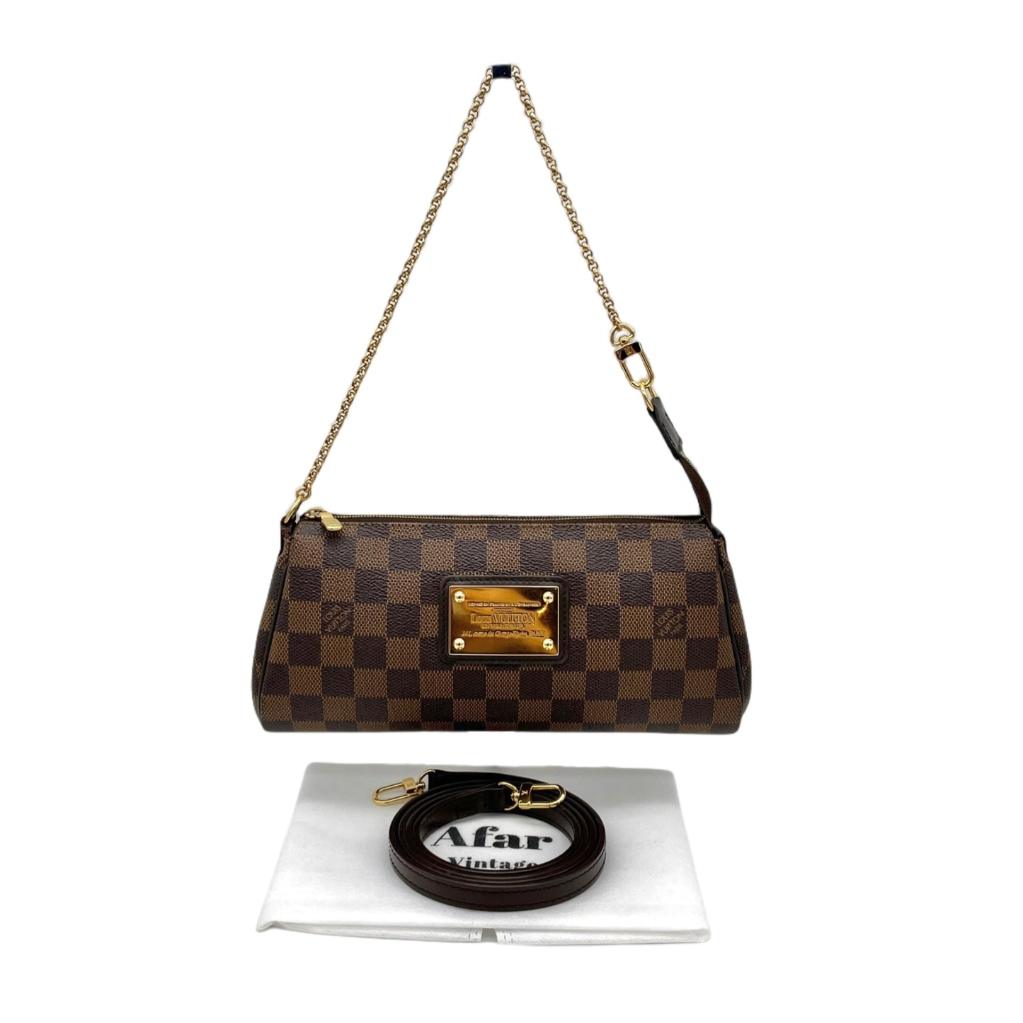 LOUIS VUITTON Damier Ebene Eva N55213 Chain Handle 2-Way Hand Bag Pouch Shoulder Bag Brown &amp; Gold