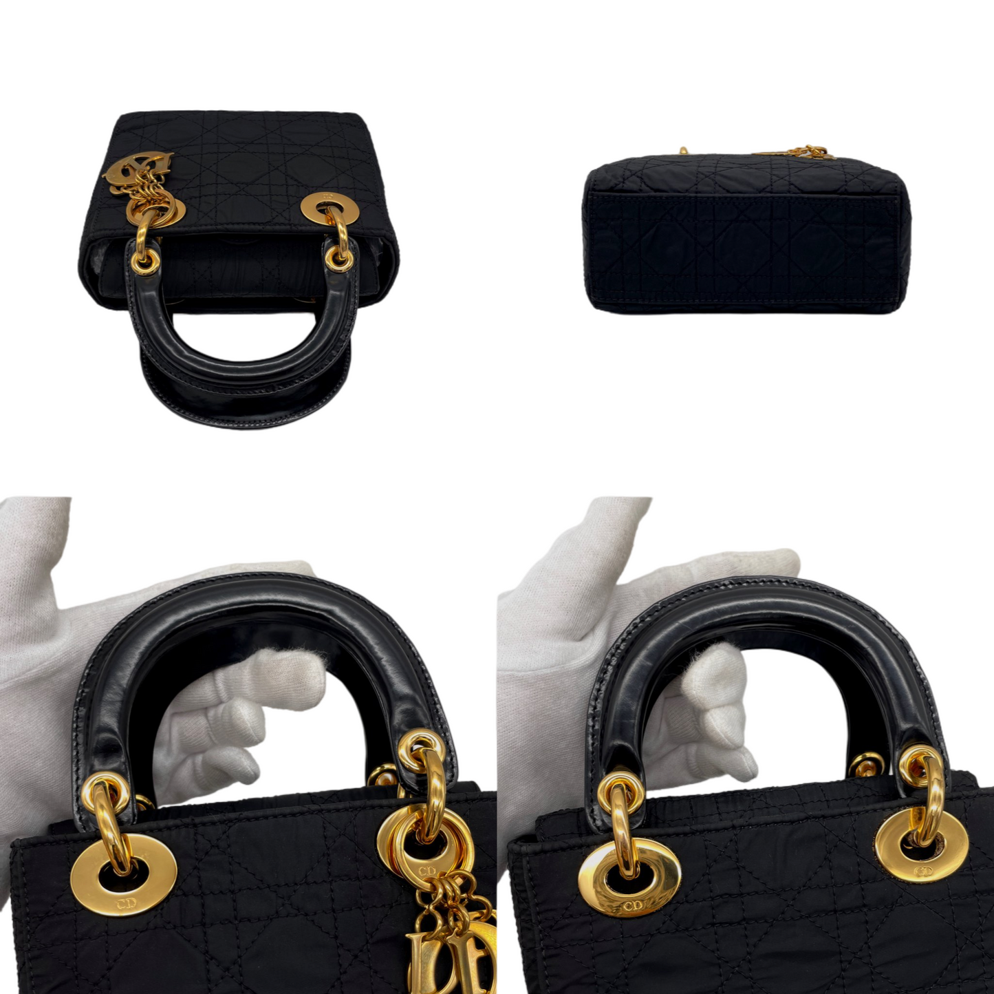 RARE☆☆☆☆CHRISTIAN DIOR Lady Dior Cannage Nylon Tote Hand Bag PM Black &amp; Gold