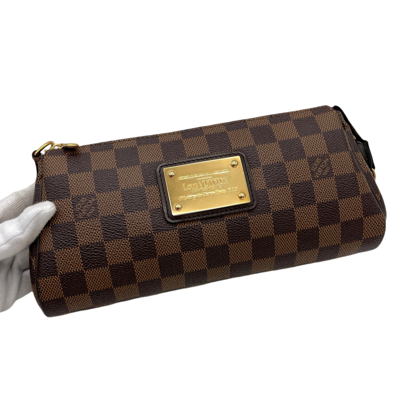 LOUIS VUITTON Damier Ebene Eva N55213 Chain Handle 2-Way Hand Bag Pouch Shoulder Bag Brown &amp; Gold