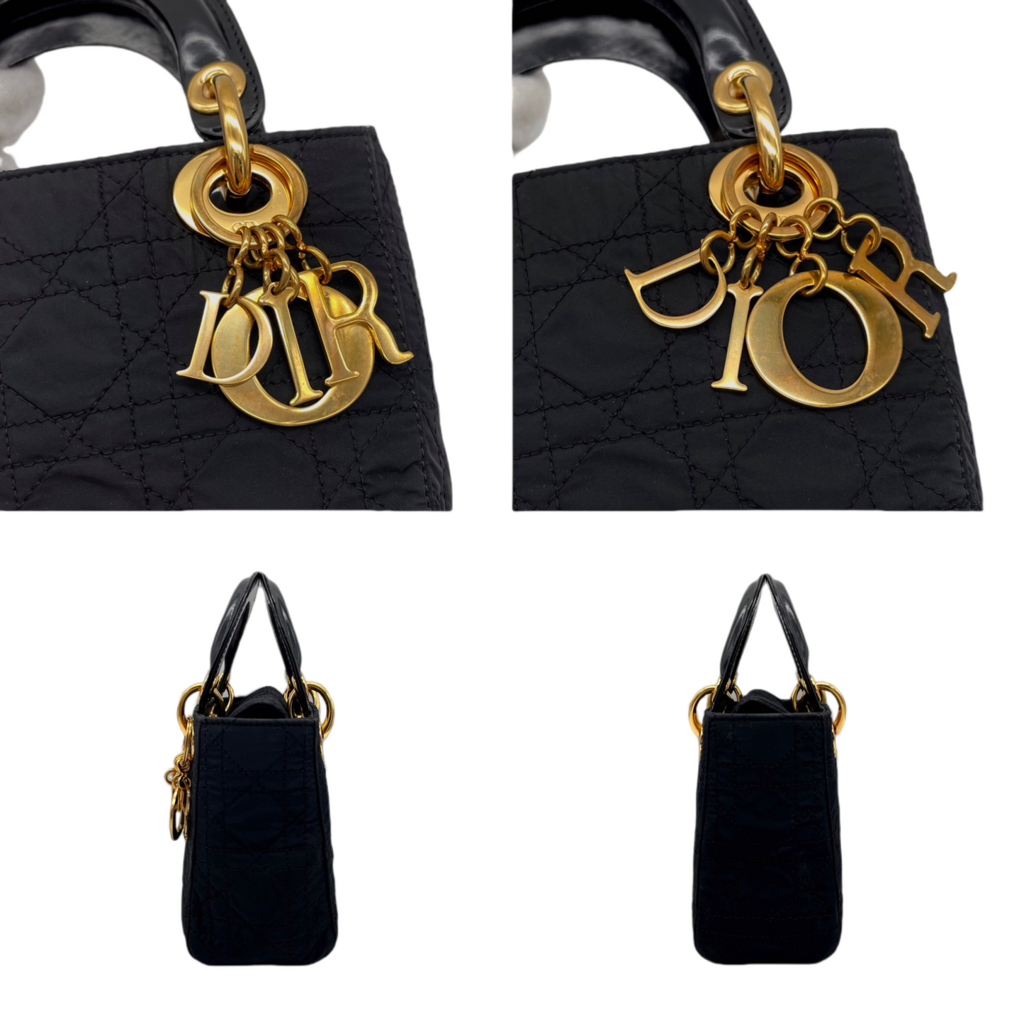 RARE☆☆☆☆CHRISTIAN DIOR Lady Dior Cannage Nylon Tote Hand Bag PM Black &amp; Gold