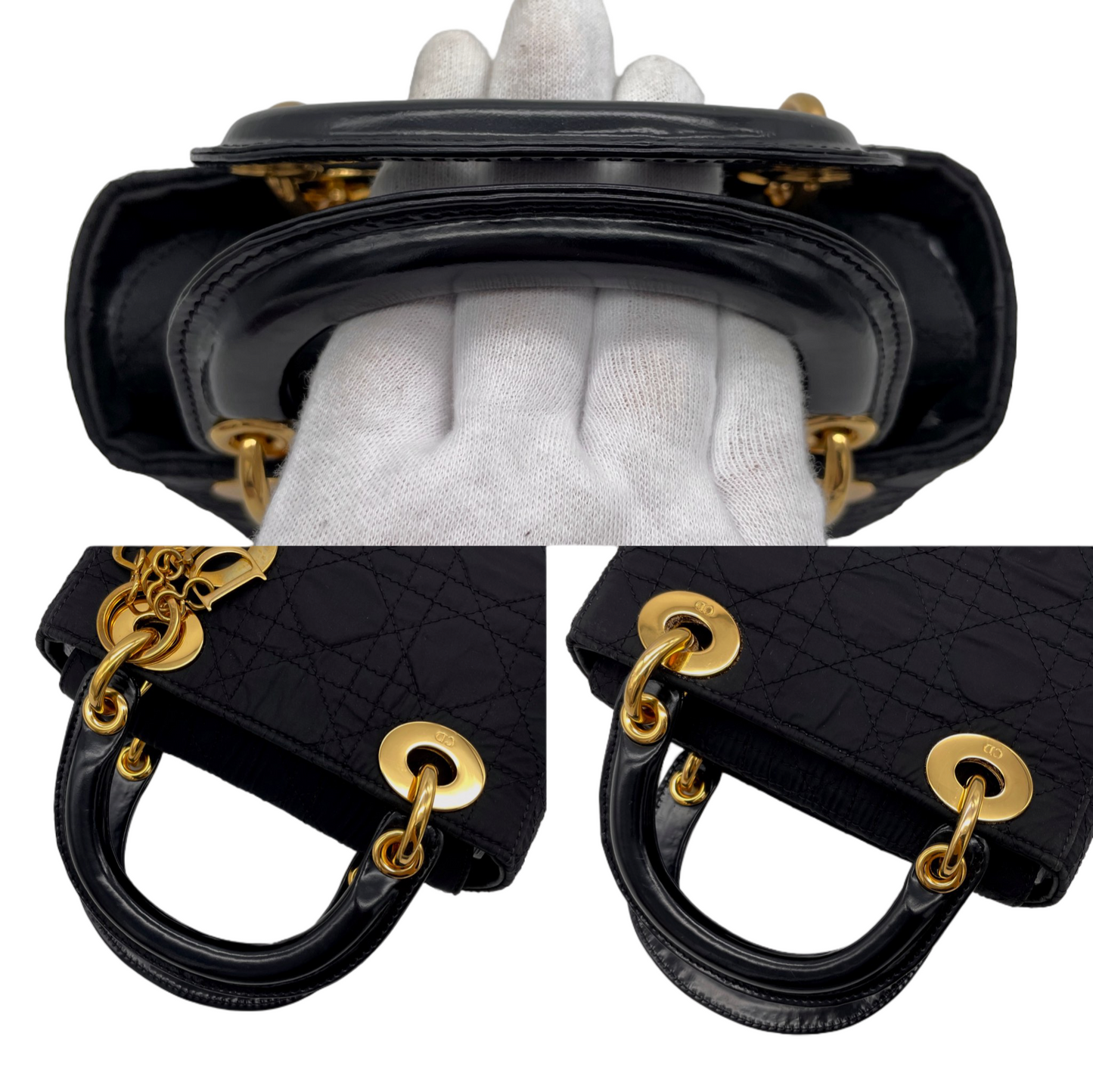 RARE☆☆☆☆CHRISTIAN DIOR Lady Dior Cannage Nylon Tote Hand Bag PM Black &amp; Gold