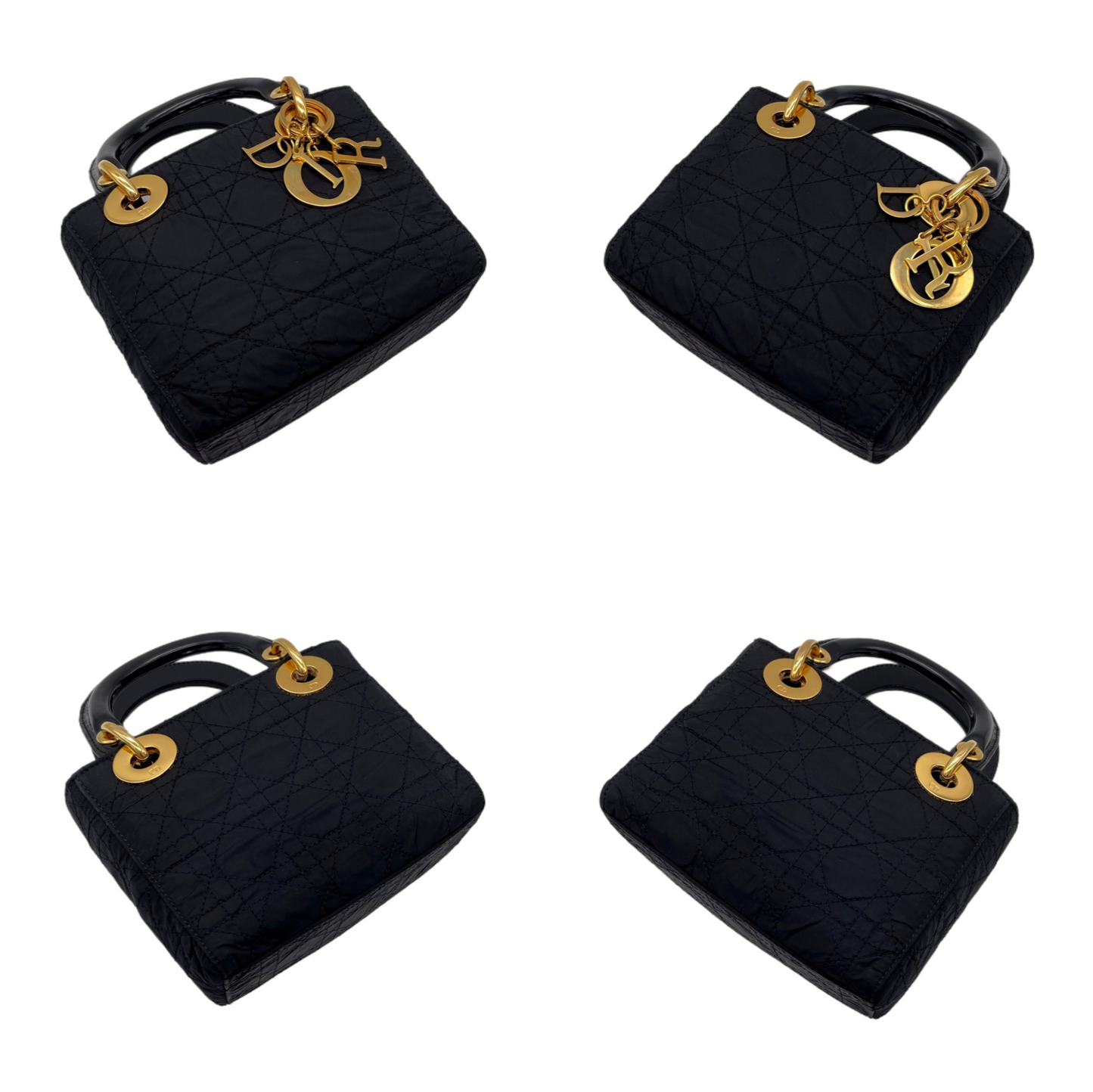 RARE☆☆☆☆CHRISTIAN DIOR Lady Dior Cannage Nylon Tote Hand Bag PM Black &amp; Gold