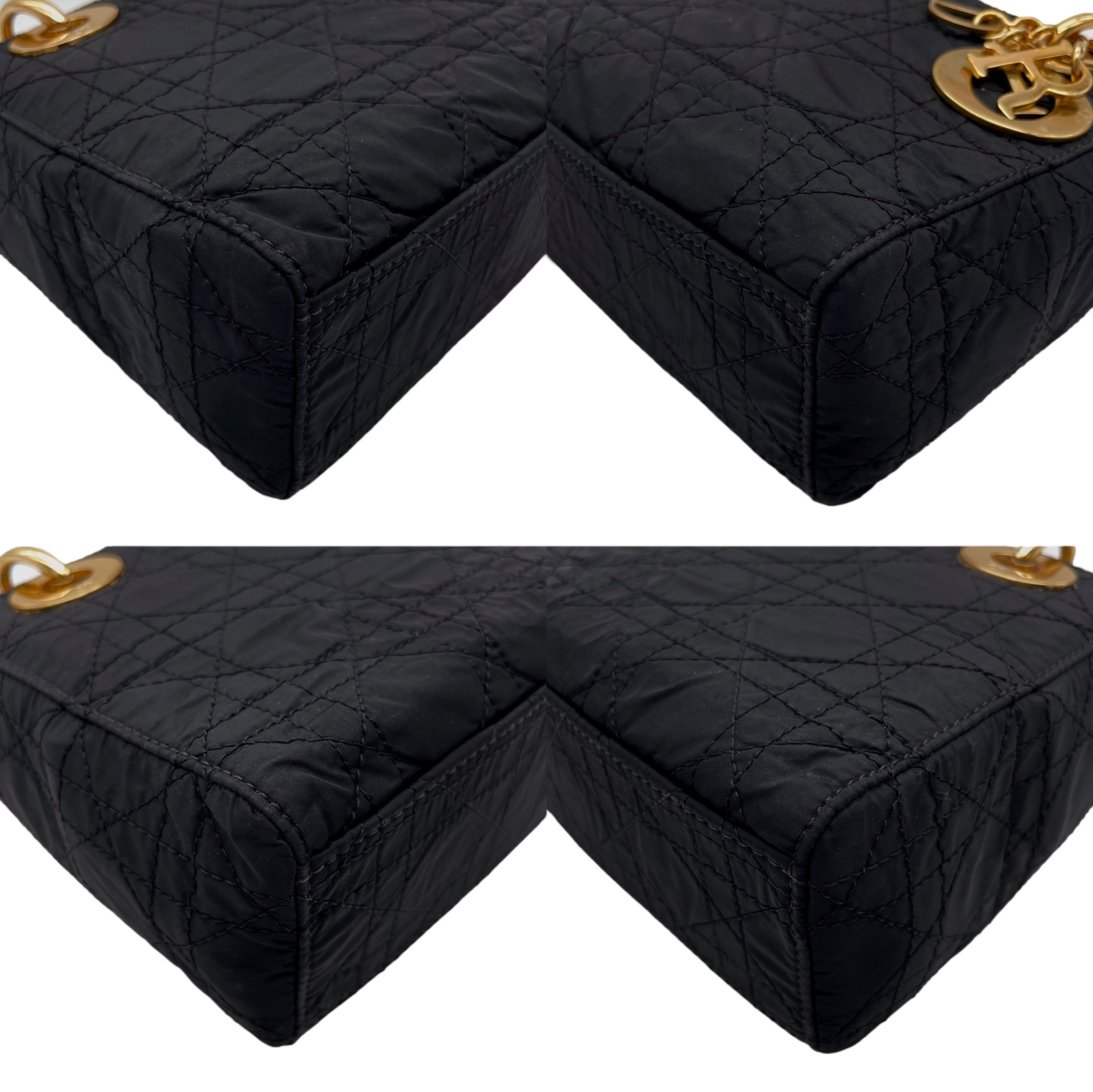 RARE☆☆☆☆CHRISTIAN DIOR Lady Dior Cannage Nylon Tote Hand Bag PM Black &amp; Gold